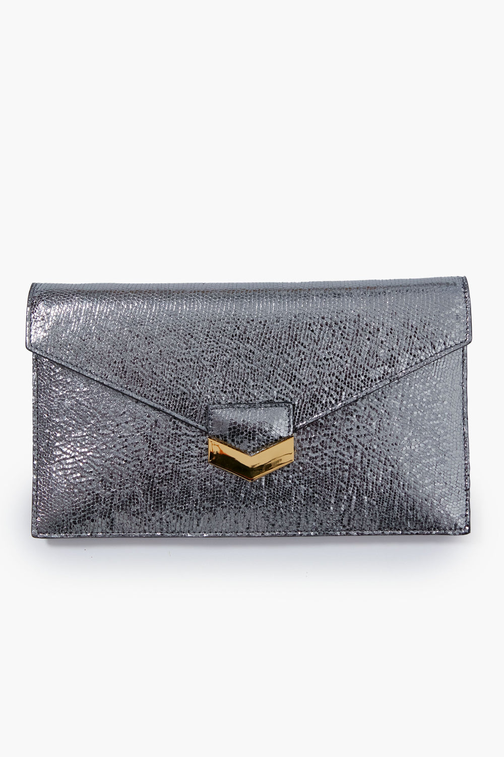A rectangular Demellier London Clutch in Silver Metallic textured calf leather, featuring a gold geometric clasp, is elegantly displayed.