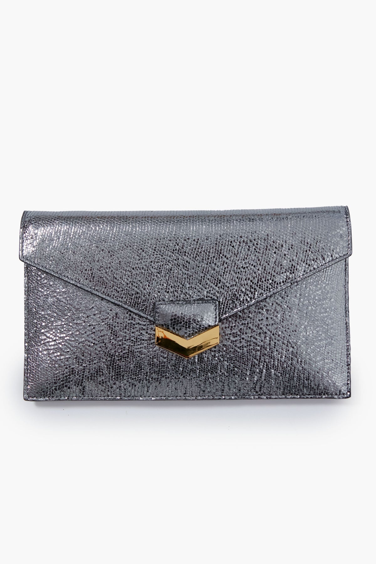 A rectangular Demellier London Clutch in Silver Metallic textured calf leather, featuring a gold geometric clasp, is elegantly displayed.