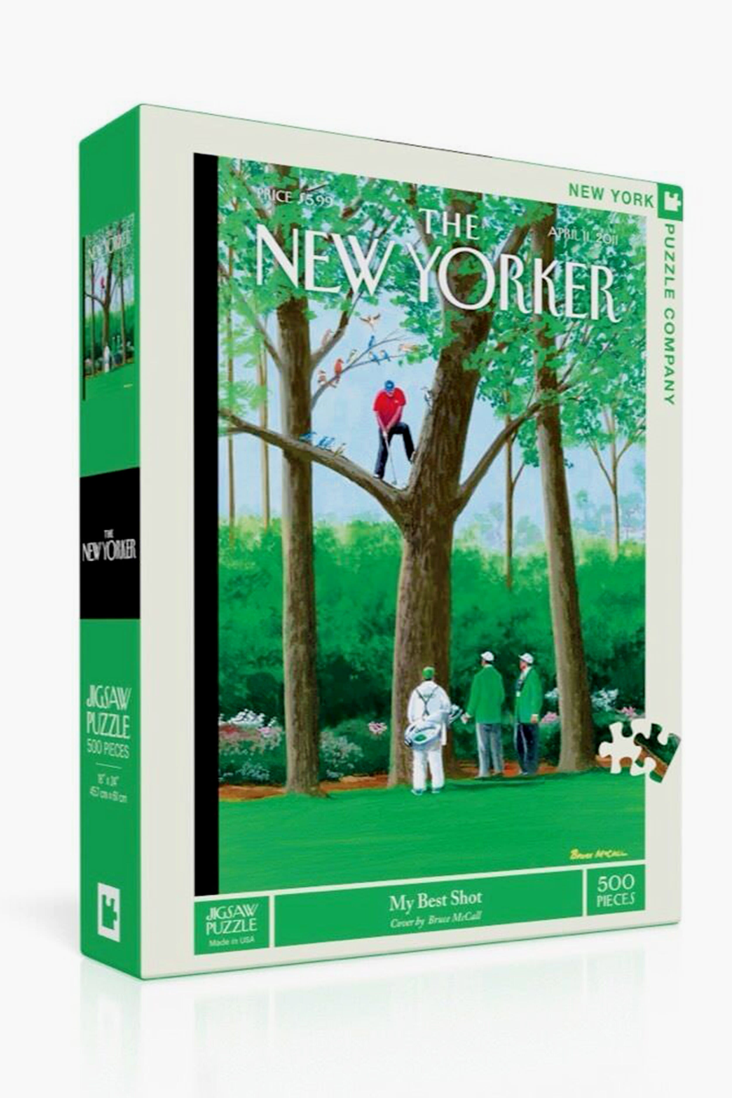A 500-piece puzzle by New York Puzzle Company featuring a New Yorker cover illustration of a golfer hitting a ball from a tree, watched by three people below.