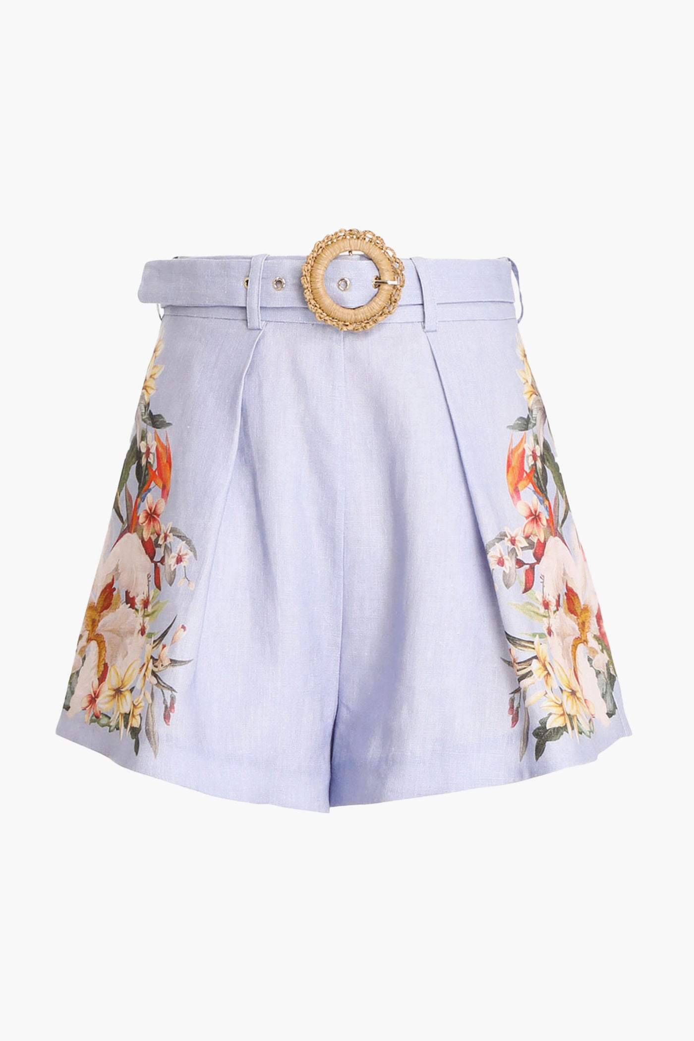 Zimmermann light blue high-rise linen shorts with side floral embroidery, pleats, and a decorative round buckle belt, inspired by the brand's elegant style.