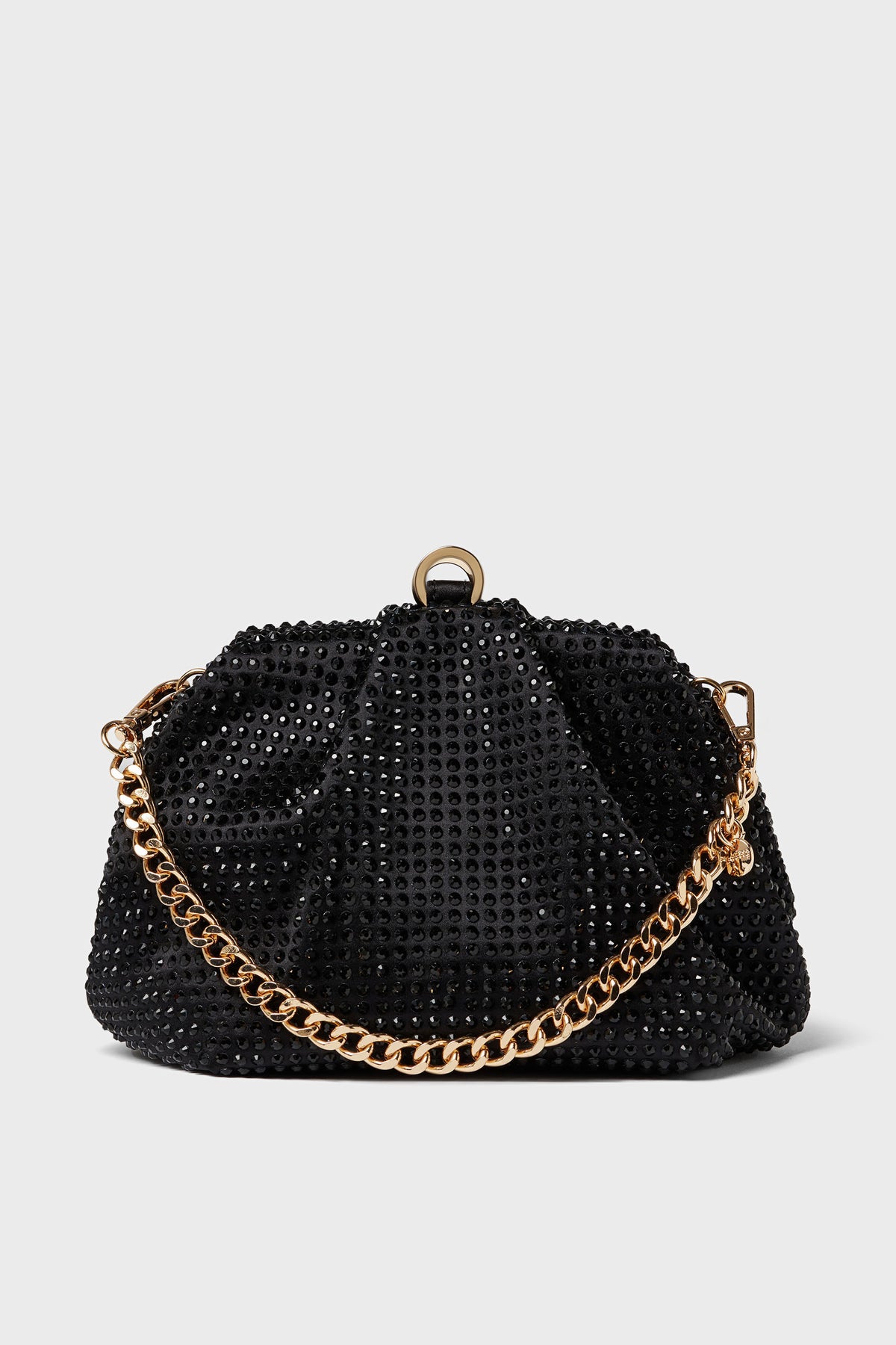 Olga Berg black beaded embellished clutch with gold chain strap and clasp closure—perfect for special occasions or as an addition to your evening bag collection.