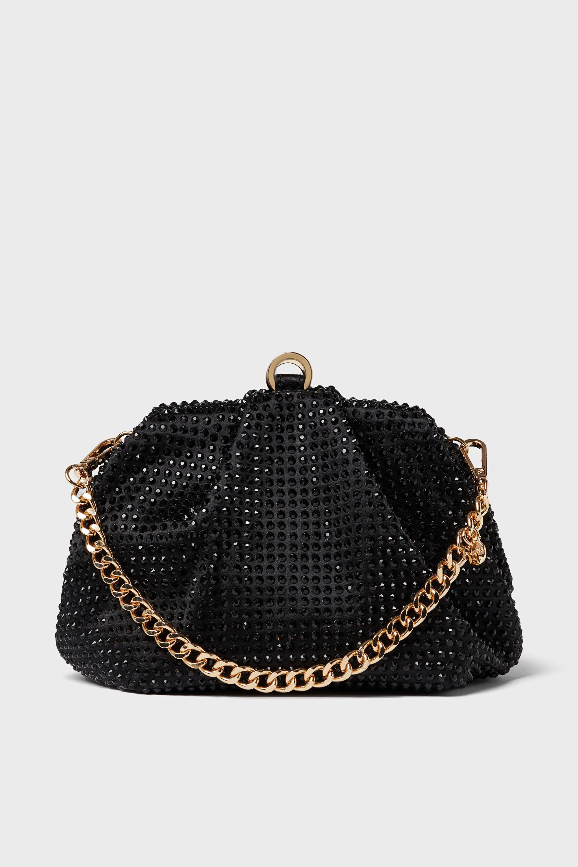 Olga Berg black beaded embellished clutch with gold chain strap and clasp closure—perfect for special occasions or as an addition to your evening bag collection.