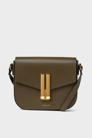 The Demellier small olive green cowhide leather crossbody bag features a gold rectangular clasp, matching gold hardware, flap closure, and an adjustable strap.