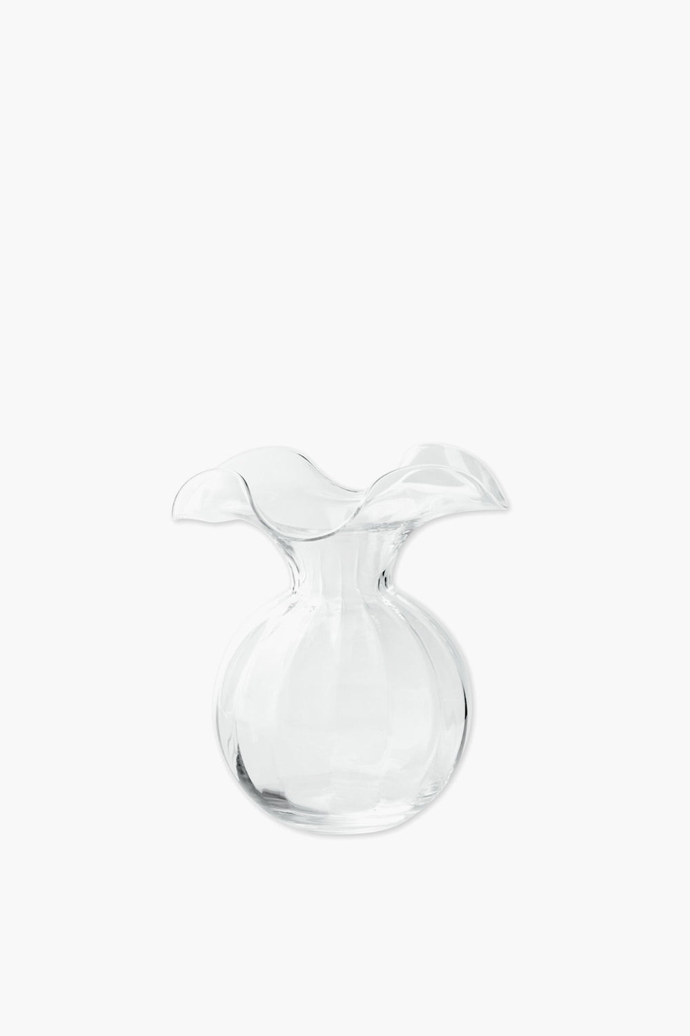 Handmade clear glass vase by Vietri featuring a round base and a wide, wavy fluted rim.
