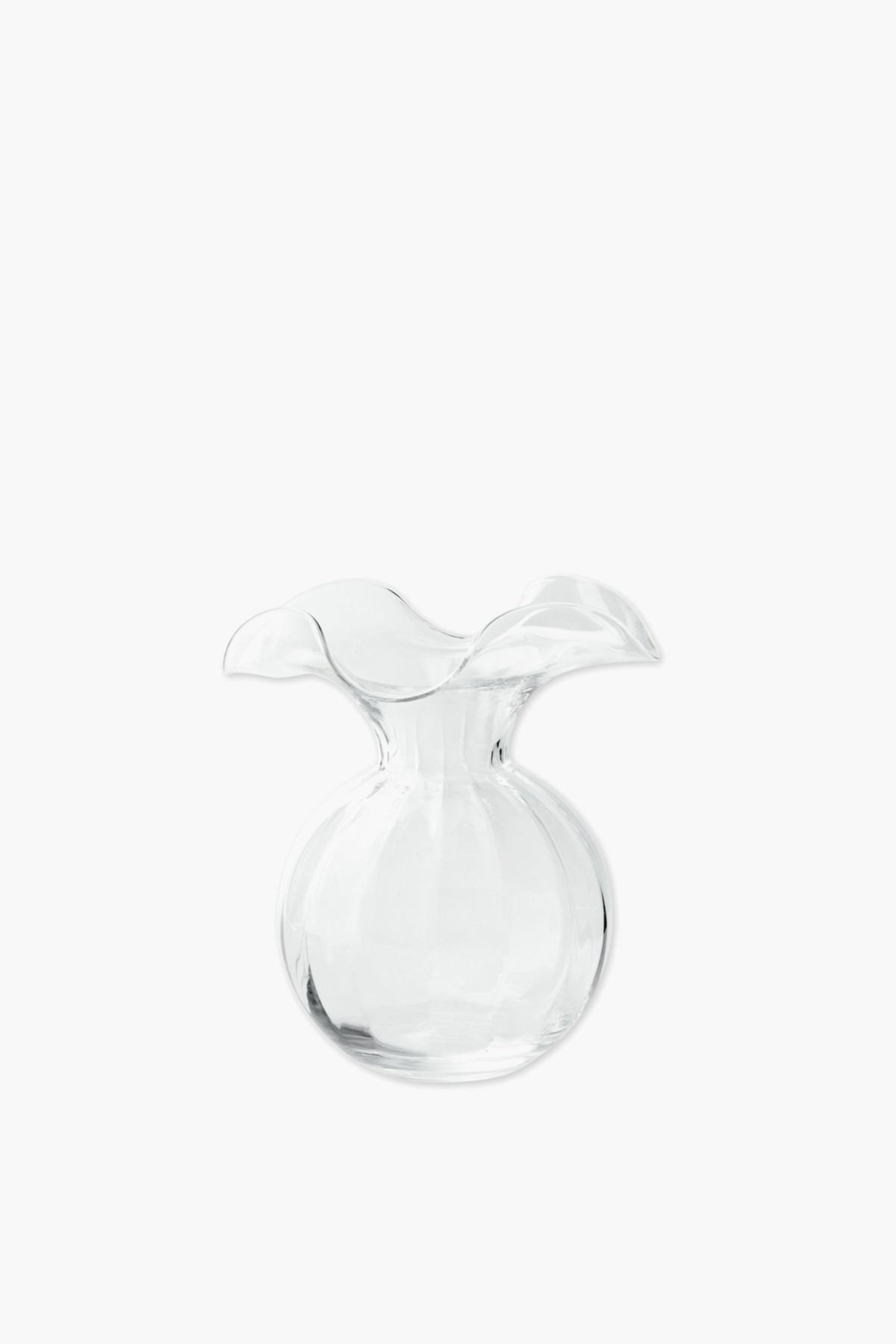 Handmade clear glass vase by Vietri featuring a round base and a wide, wavy fluted rim.