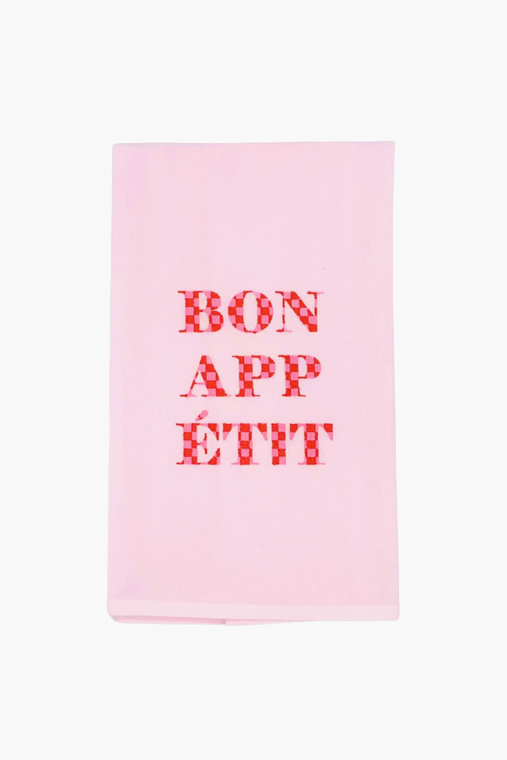 The Lynen Bon Appetit Tea Towel features light pink linen with "BON APPÉTIT" in red checkered letters at the center, adding charm to any kitchen.