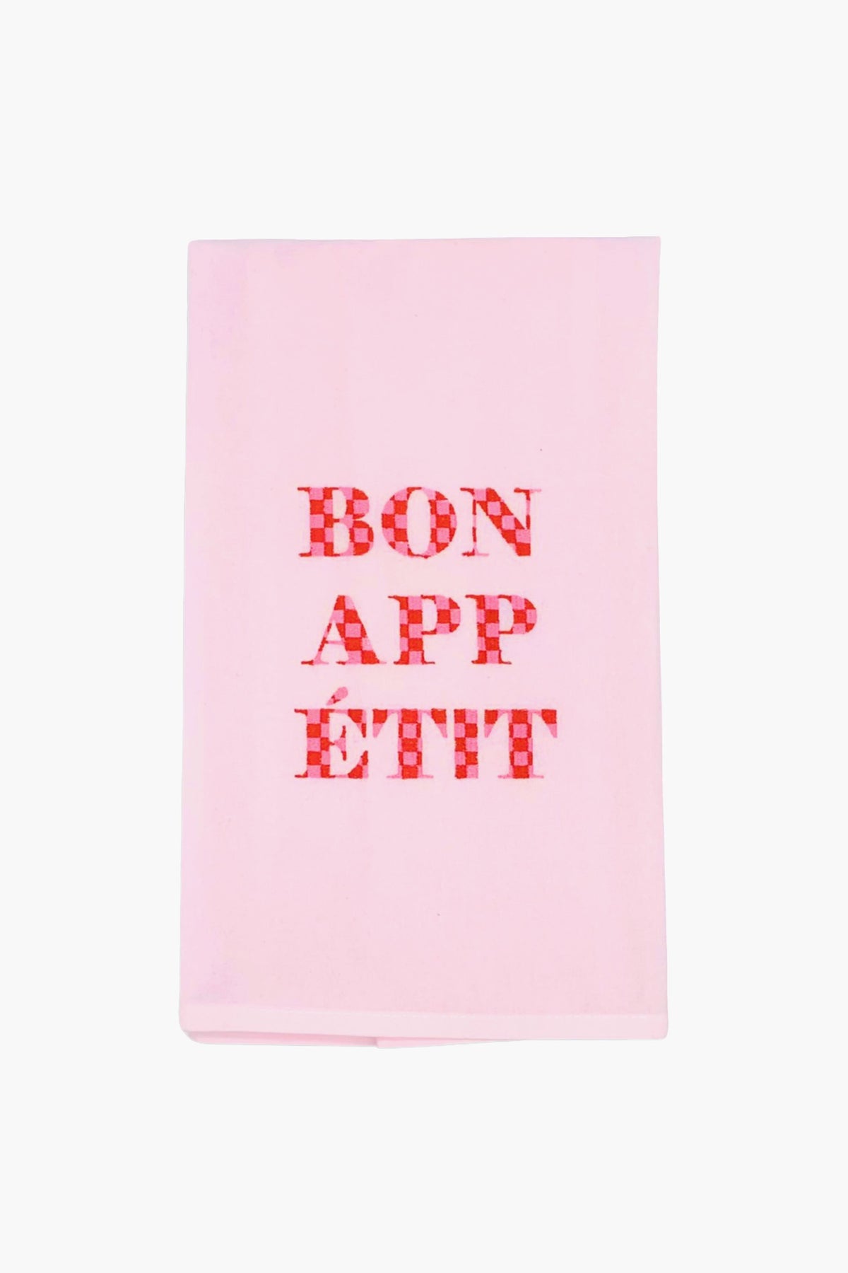 The Lynen Bon Appetit Tea Towel features light pink linen with "BON APPÉTIT" in red checkered letters at the center, adding charm to any kitchen.