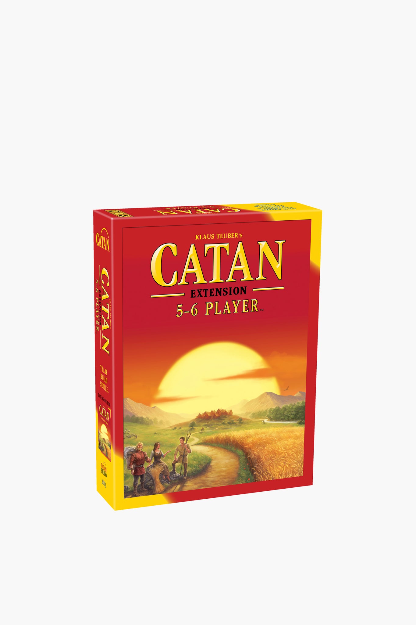 Catan Studio's Catan Expansion for 5-6 players board game shows a sunset landscape with three figures walking along a path in the foreground.