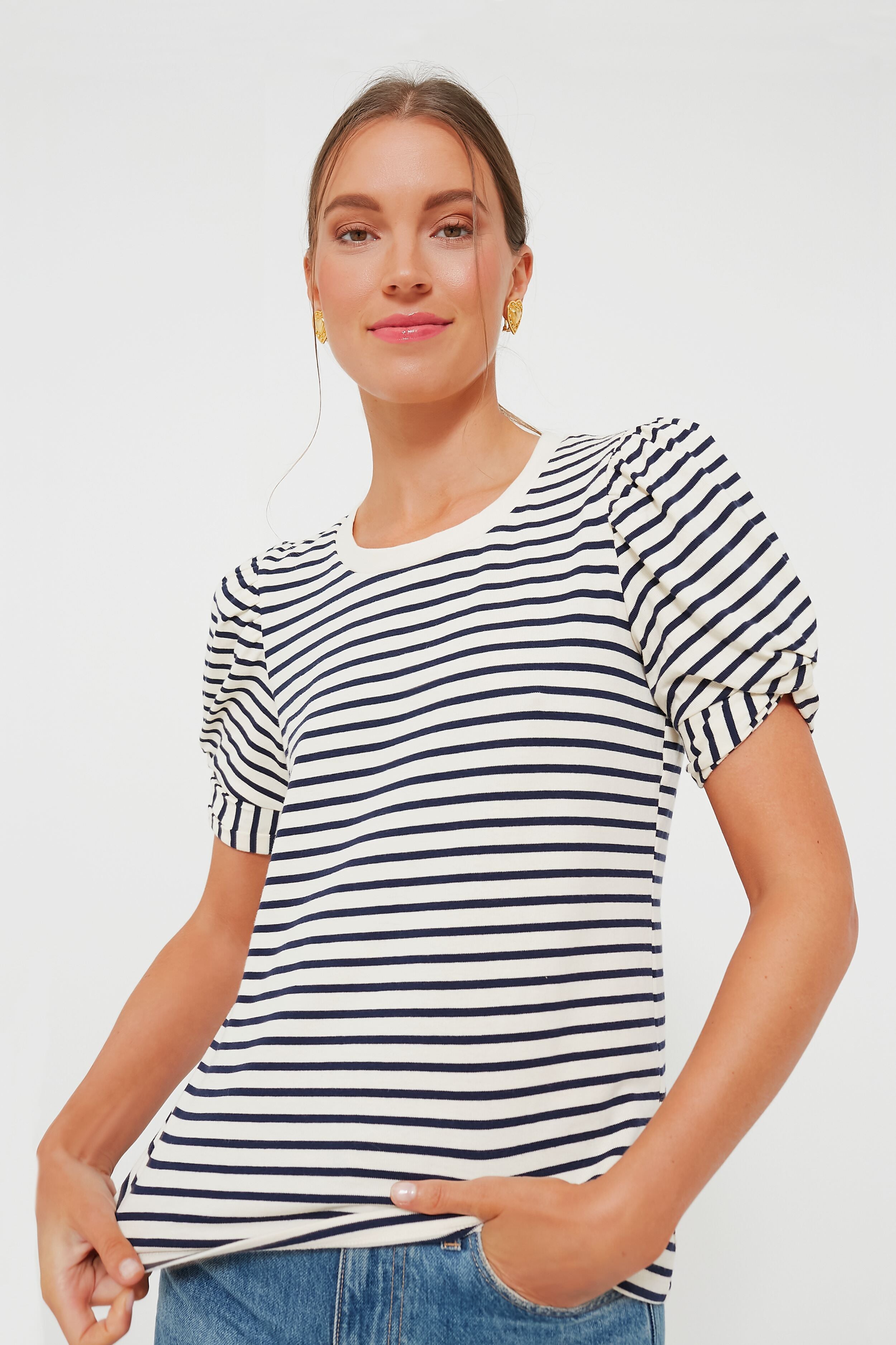 Navy Striped Vesty Puff Short Sleeve Crewneck
