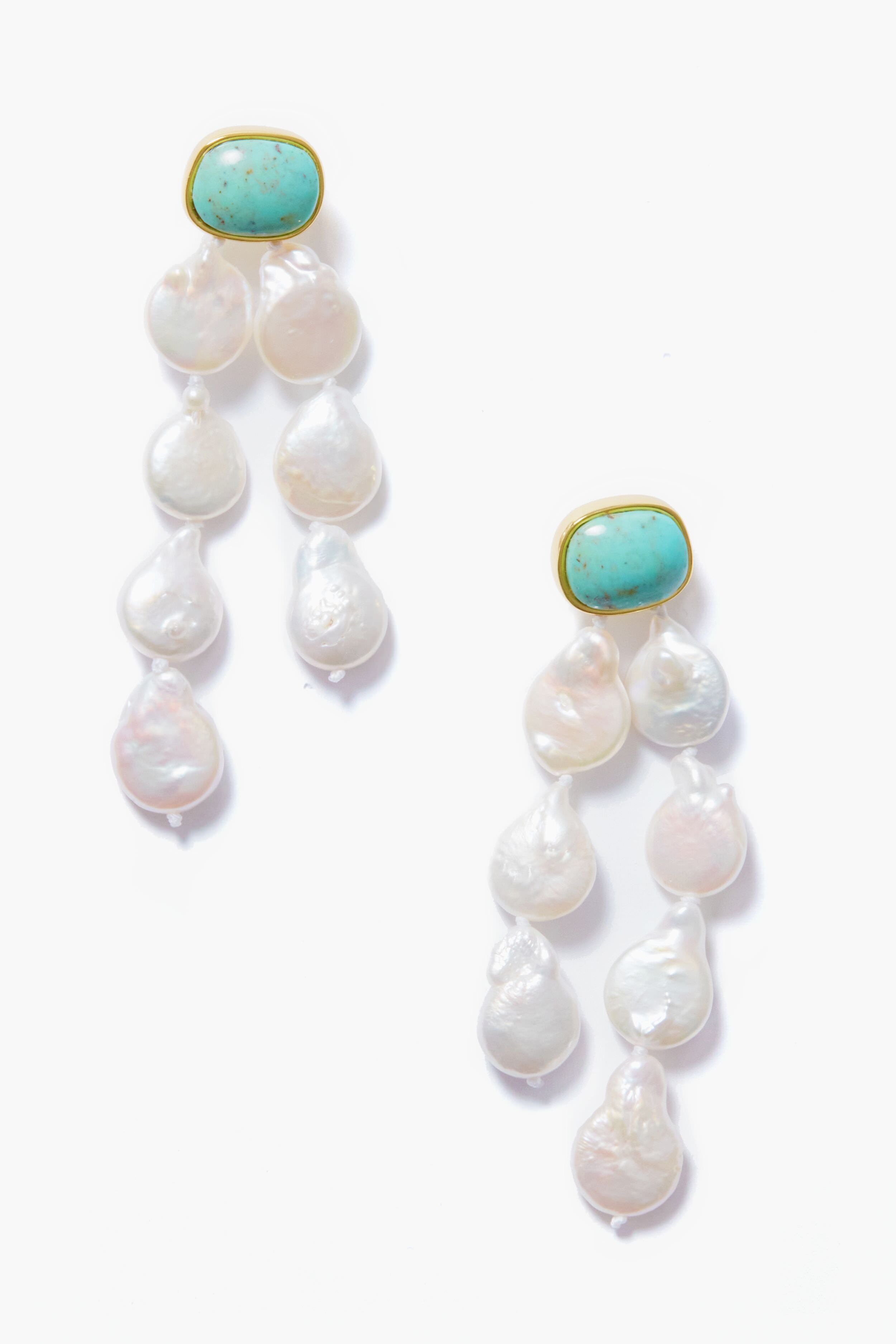 A pair of turquoise earrings by Lizzie Fortunato with gold settings and clusters of irregular freshwater pearls.