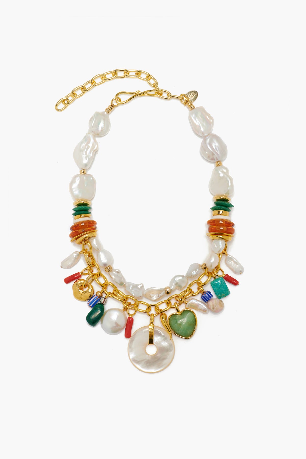 Lizzie Fortunato gold-plated brass chain necklace featuring irregular freshwater pearls, colorful gemstone beads, orange discs, a green heart charm, circular shell, gold accents, and assorted charms in the brand’s signature style.