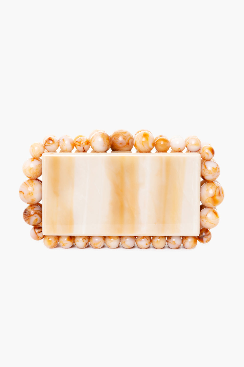 Beige marbled rectangular box clutch by Cult Gaia, featuring round tan and cream acrylic pearl beads—an elegant accessory for any occasion.