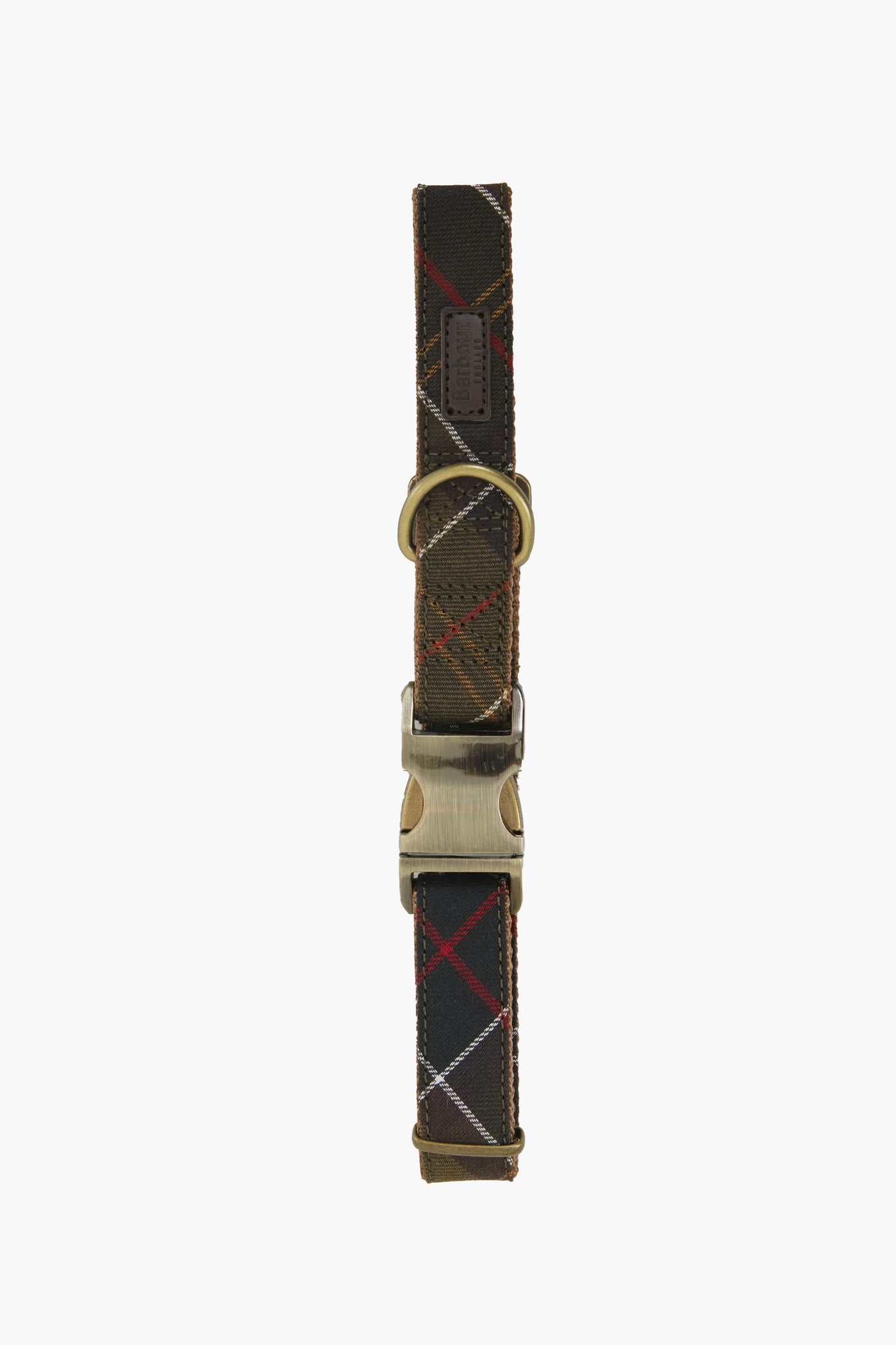 The Barbour tartan dog collar features a dark plaid pattern, durable webbing, metal buckle, and D-ring.