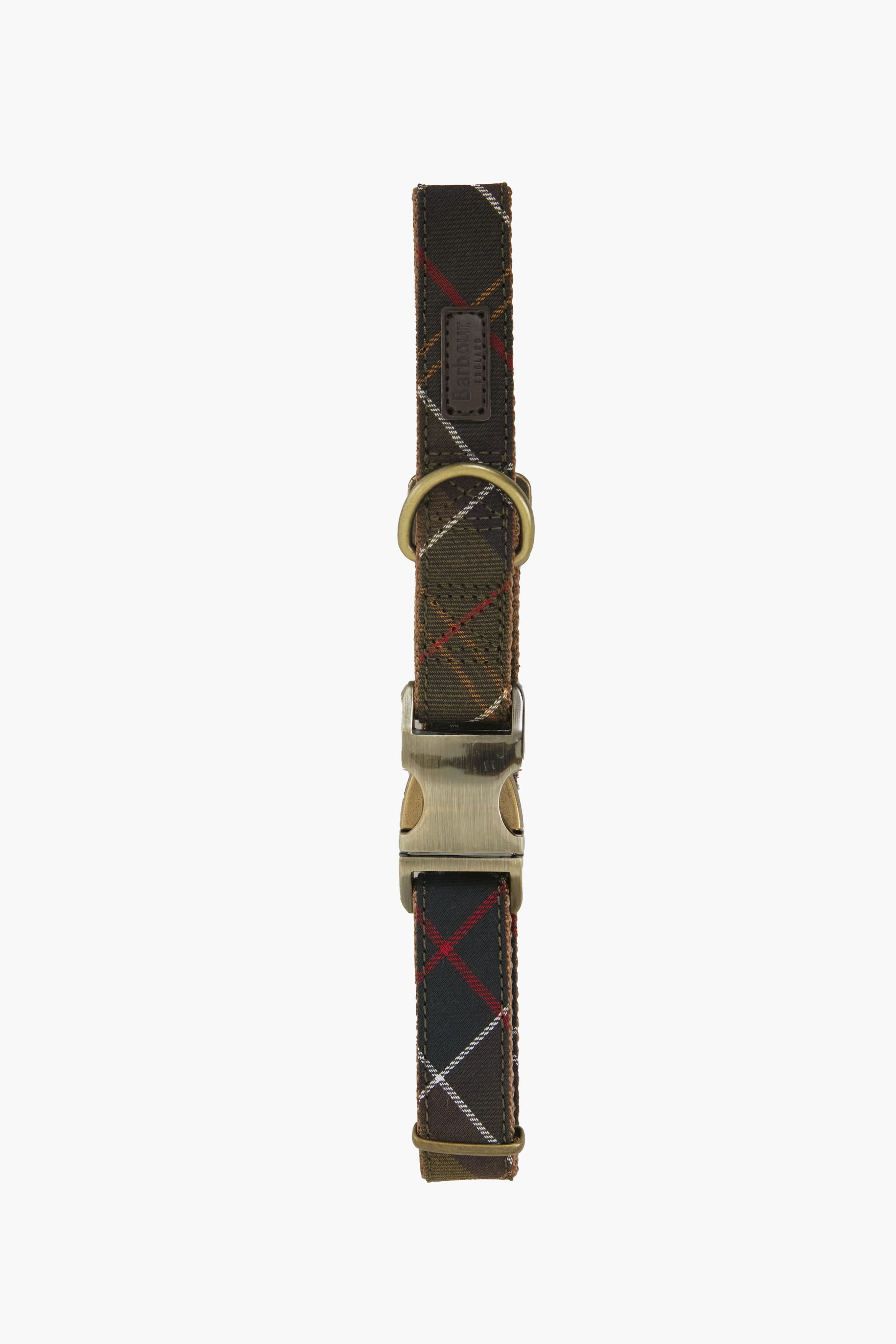 The Barbour tartan dog collar features a dark plaid pattern, durable webbing, metal buckle, and D-ring.