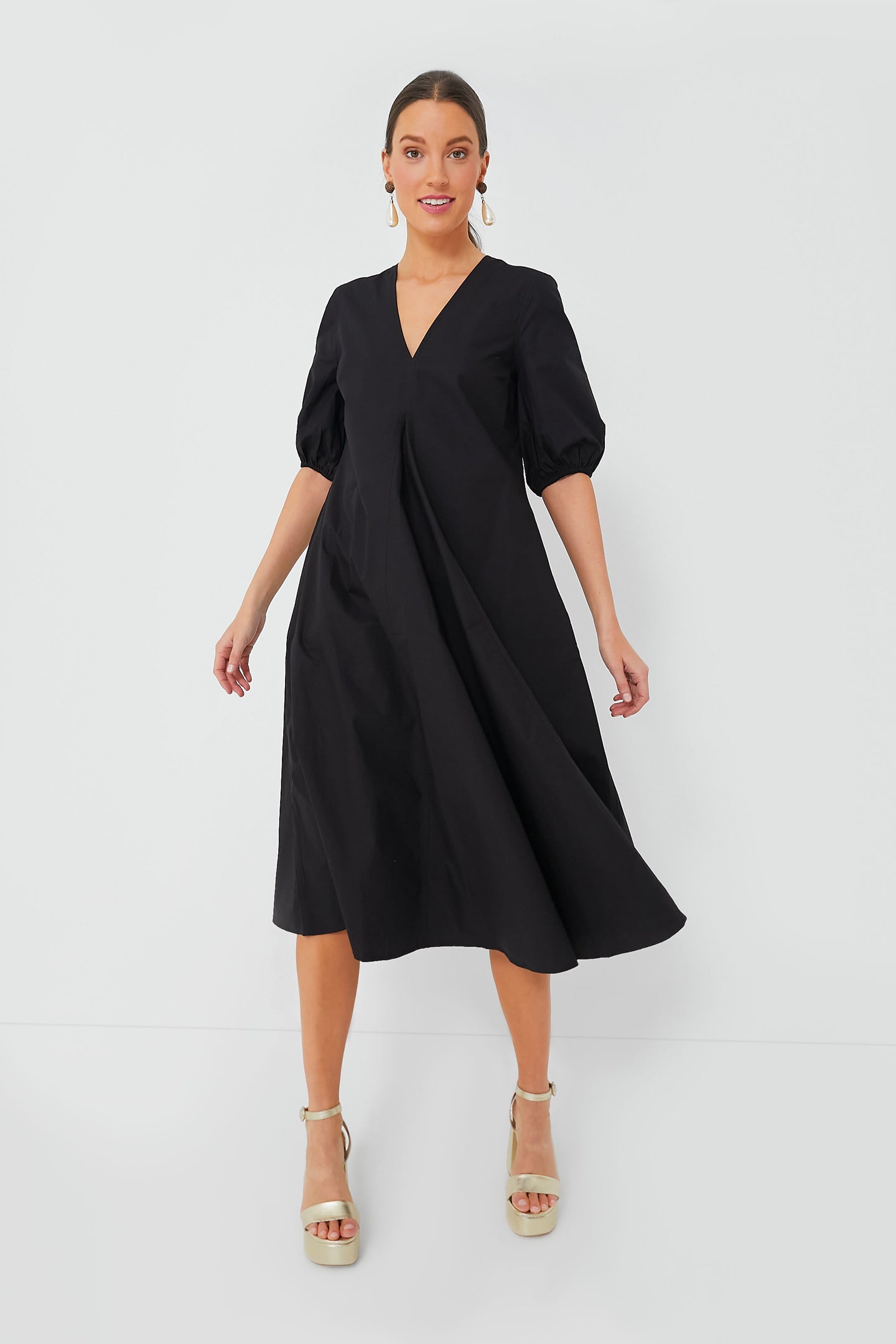 Black Cotton Poplin V-Neck Long Dress