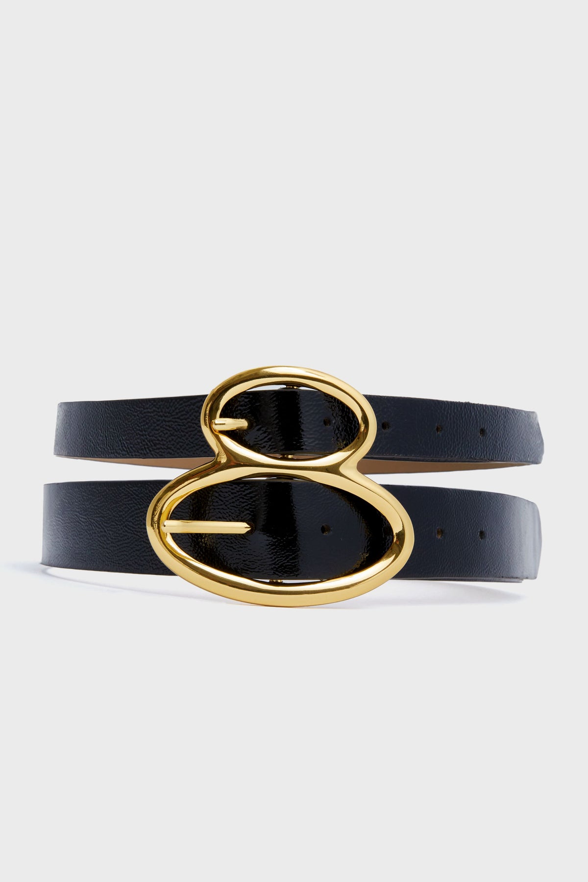 A black Italian leather B-Low the Belt designer belt features a double buckle style with a shiny gold number eight-shaped buckle.