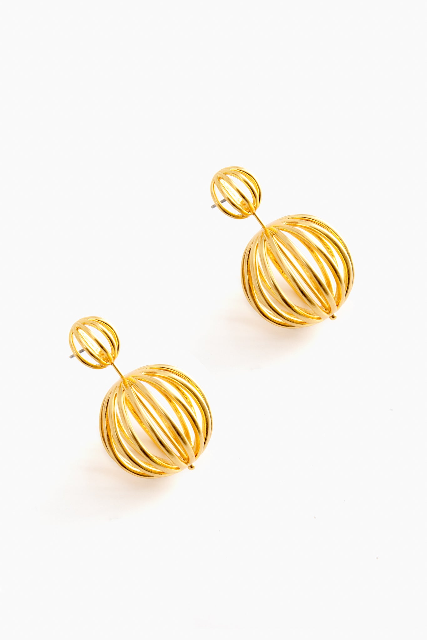 A pair of gold Birdcage Earrings by Tuckernuck Jewelry, featuring an open vintage cage-like design with elegant spherical drops.