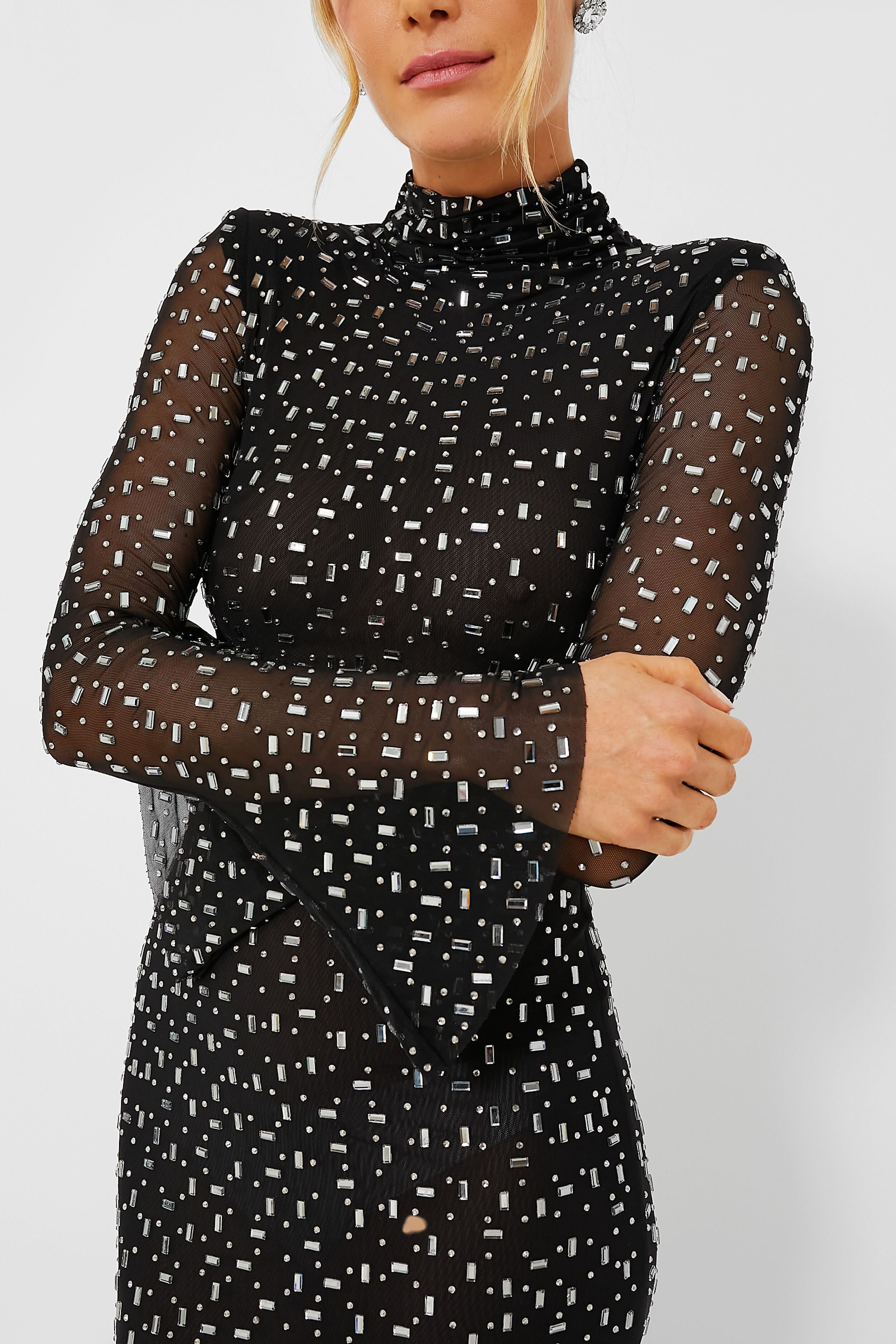 Black Square Rhinestone Mesh Midi Dress