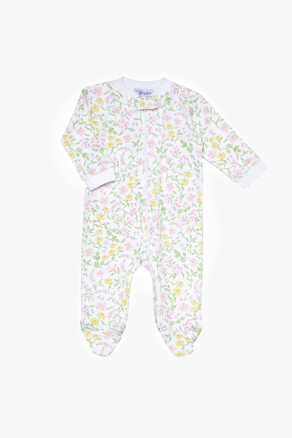 Nella Pima white baby onesie with long sleeves and feet, made from soft Peruvian Pima cotton. Features a pastel Berry Wildflowers zipper print in green, yellow, and pink, plus a convenient front zipper closure.