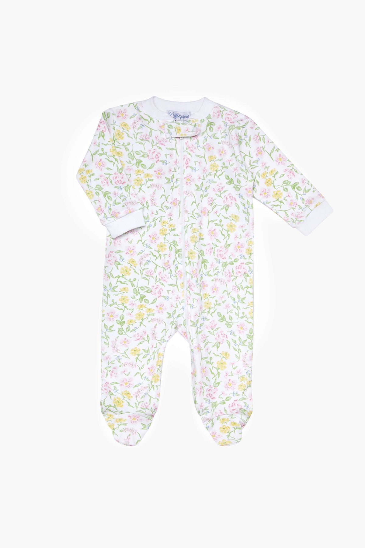 Nella Pima white baby onesie with long sleeves and feet, made from soft Peruvian Pima cotton. Features a pastel Berry Wildflowers zipper print in green, yellow, and pink, plus a convenient front zipper closure.
