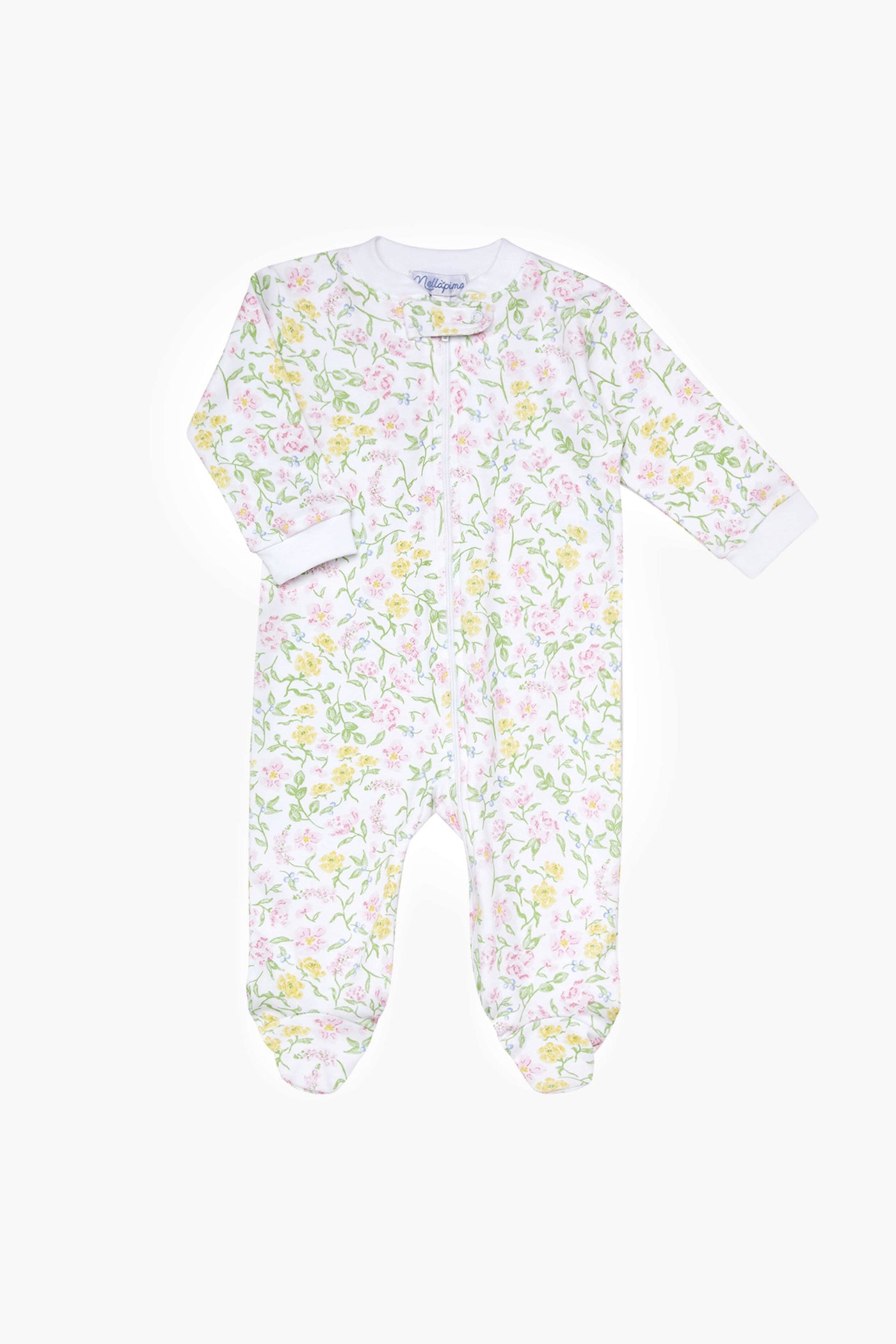 Nella Pima white baby onesie with long sleeves and feet, made from soft Peruvian Pima cotton. Features a pastel Berry Wildflowers zipper print in green, yellow, and pink, plus a convenient front zipper closure.