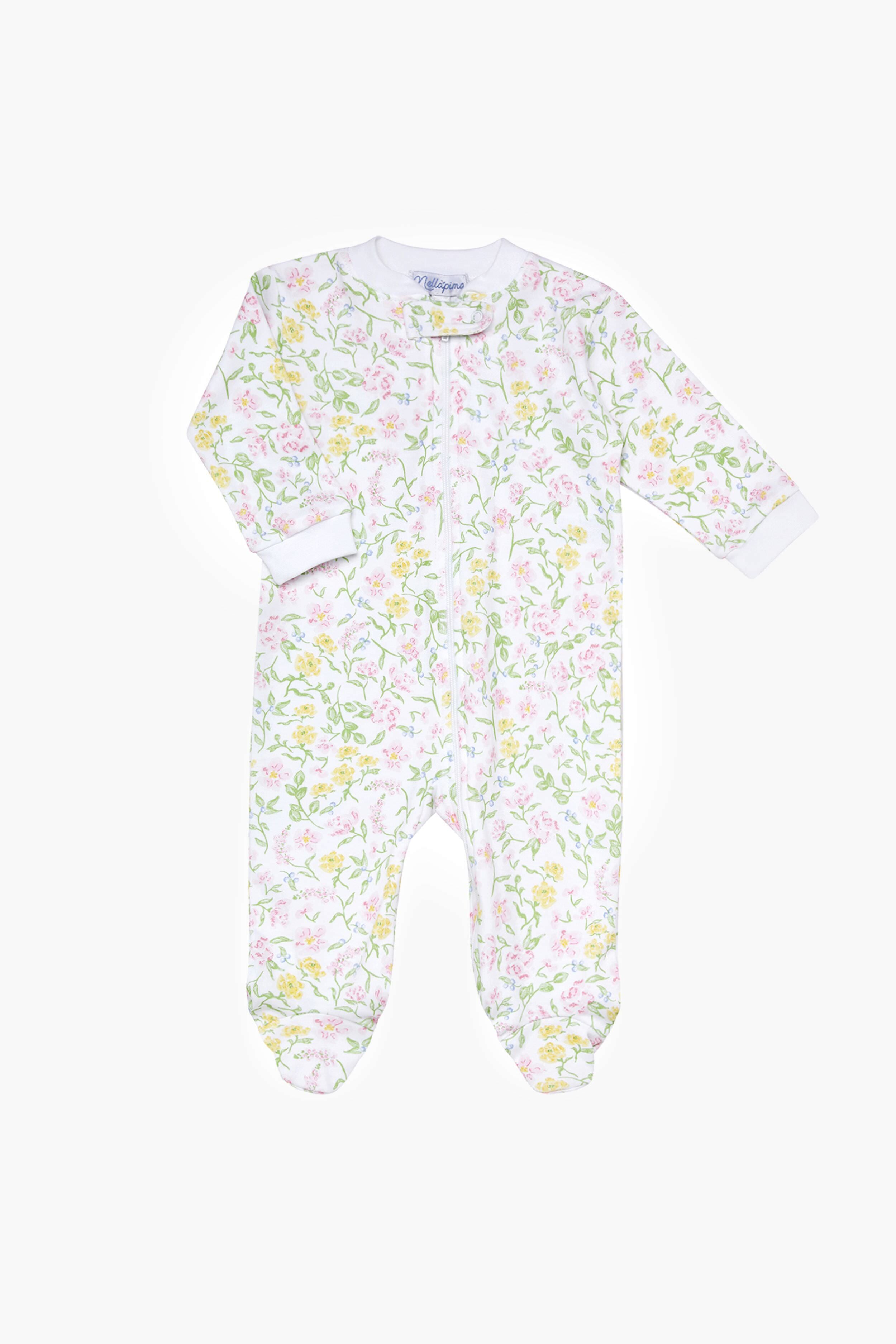 Nella Pima white baby onesie with long sleeves and feet, made from soft Peruvian Pima cotton. Features a pastel Berry Wildflowers zipper print in green, yellow, and pink, plus a convenient front zipper closure.