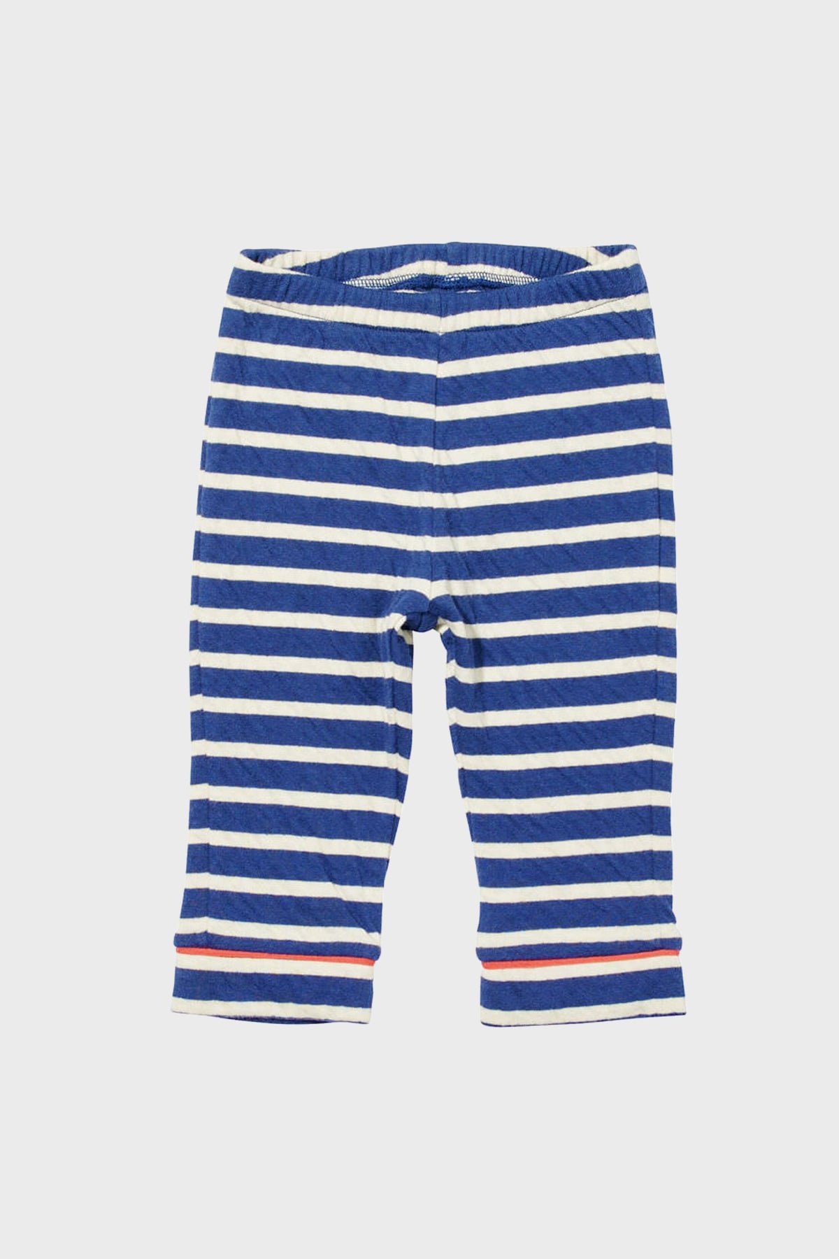 Oso & Me blue and white striped baby leggings made from soft Pima cotton, with an elastic waistband and rolled cuffs for adjustable comfort.