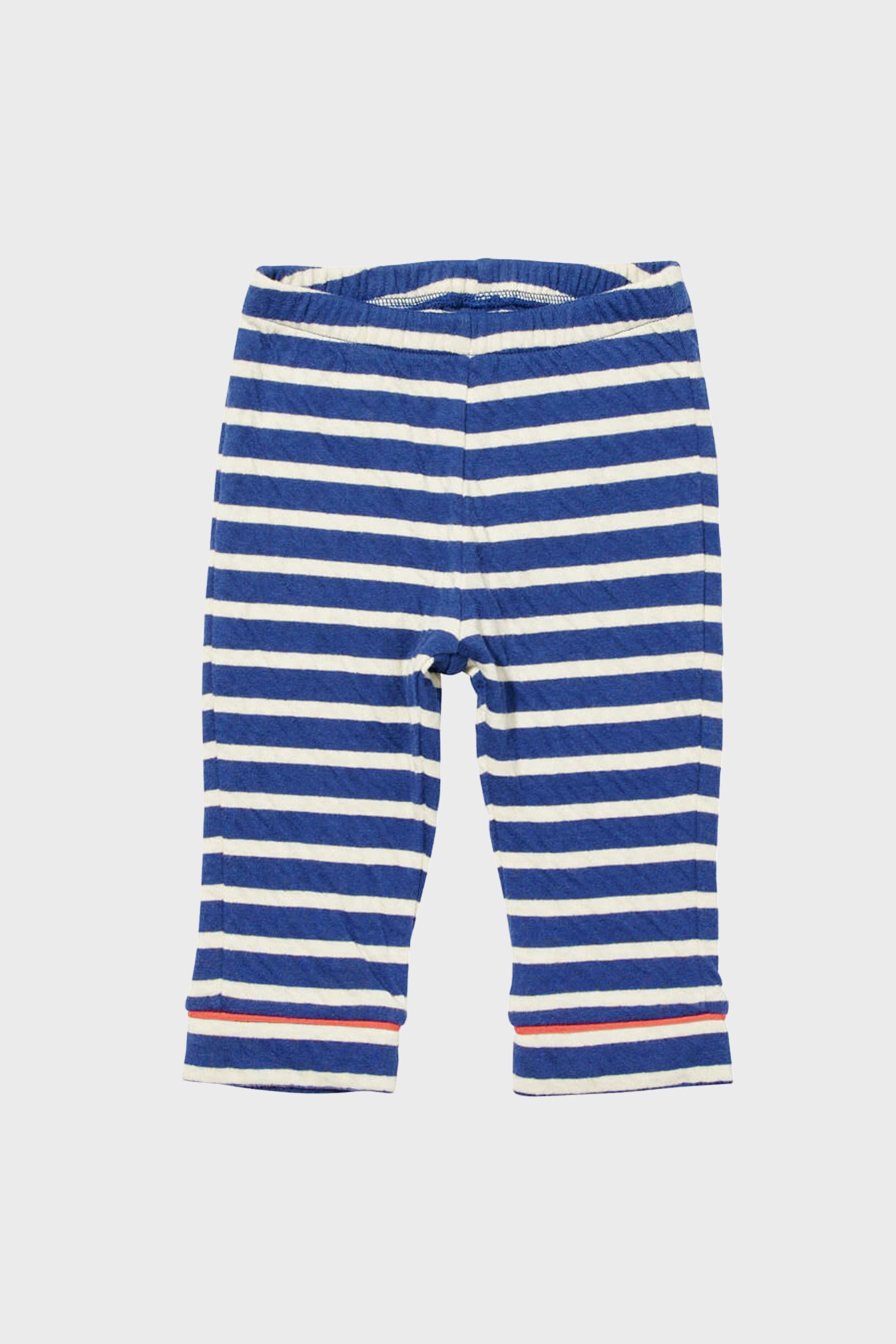 Oso & Me blue and white striped baby leggings made from soft Pima cotton, with an elastic waistband and rolled cuffs for adjustable comfort.