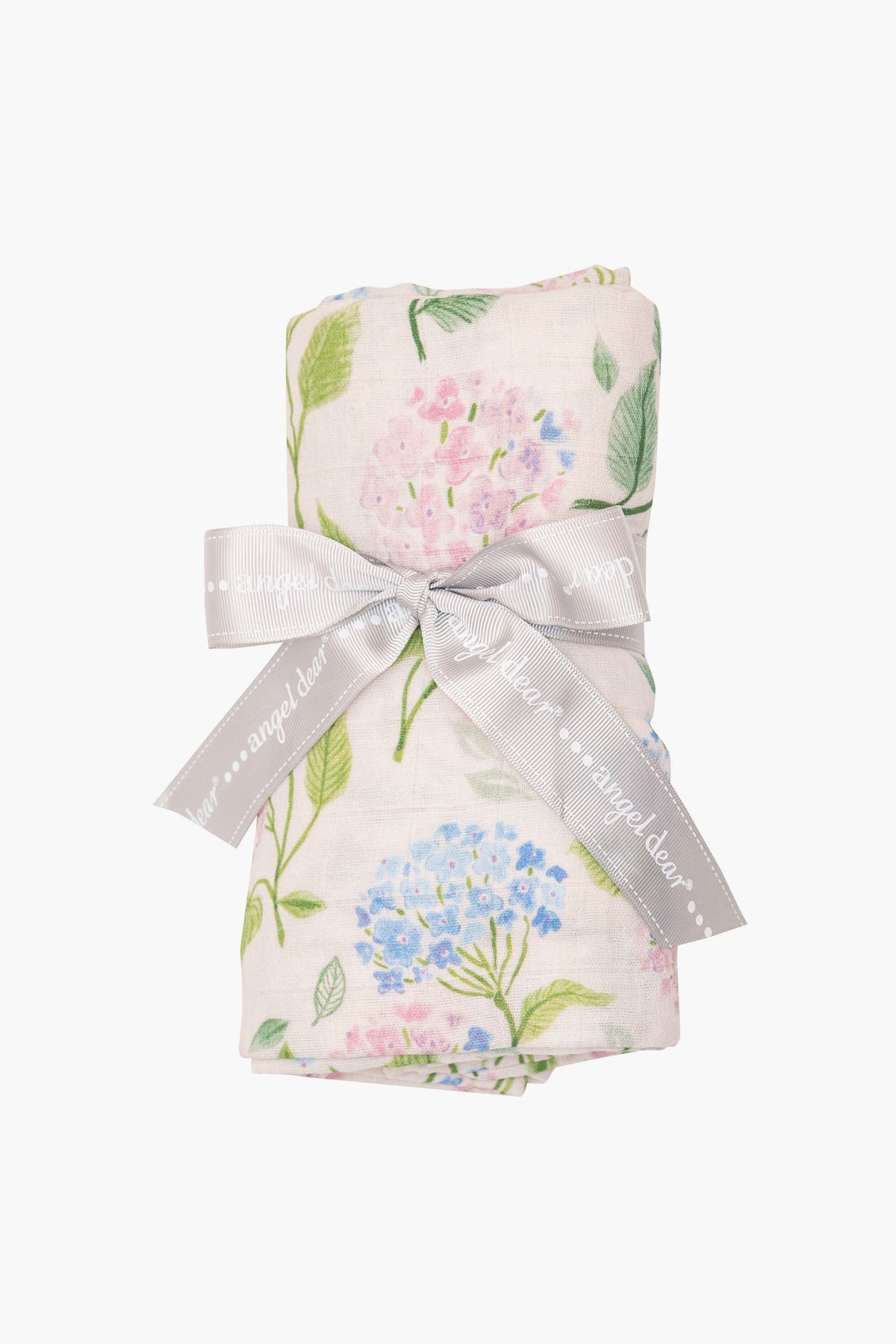 A folded floral-patterned organic cotton muslin fabric from Angel Dear, secured with a gray ribbon—an ideal choice for a nursery essential or baby swaddle.