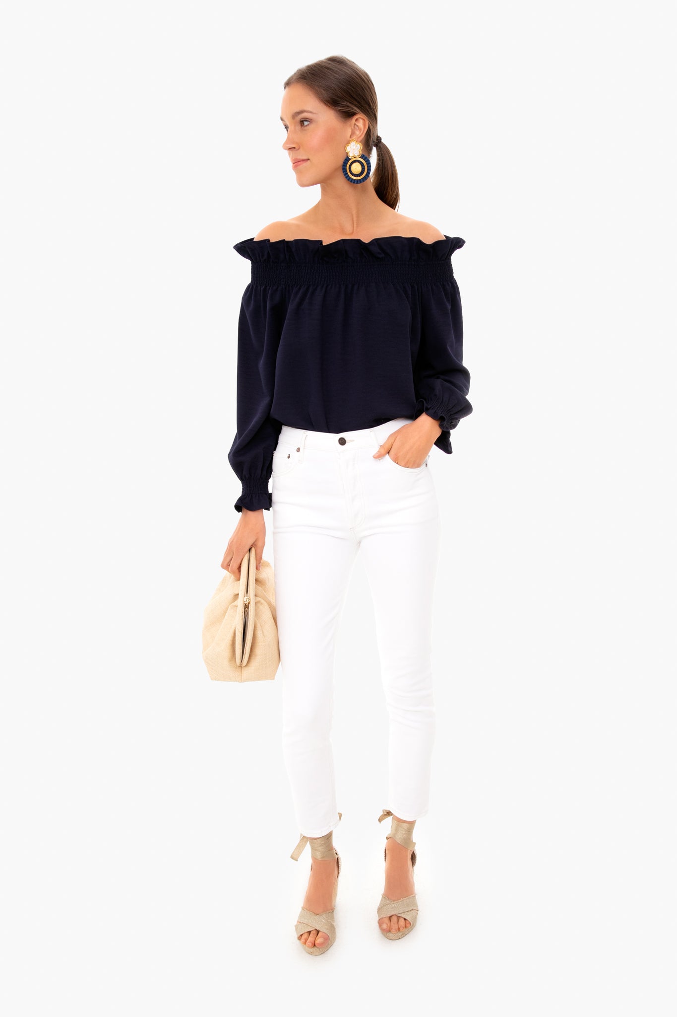 Navy Off the Shoulder Marguerite Blouse