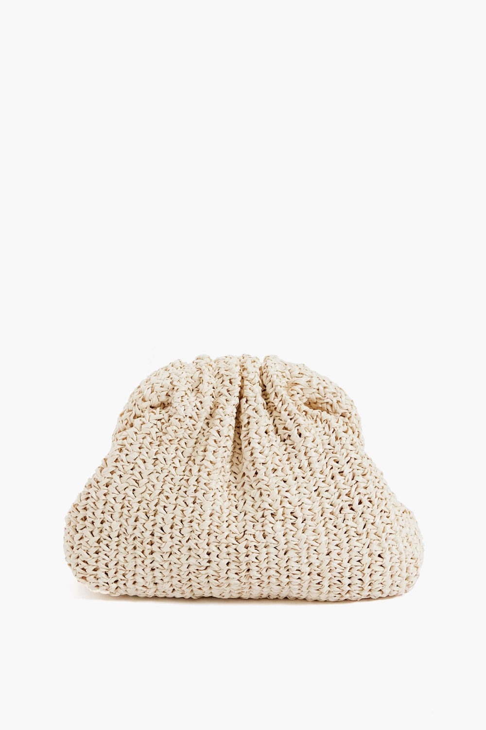 A beige crochet raffia clutch with a gathered top, handwoven in Italy by Maria La Rosa, is beautifully displayed.