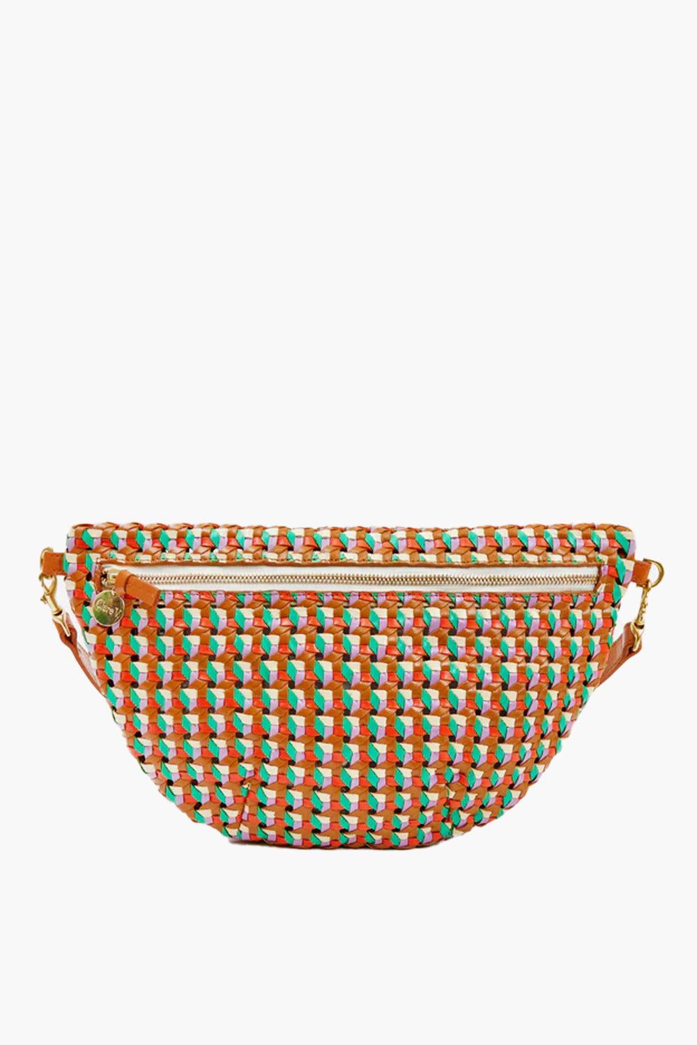 Clare V woven leather belt bag in orange, red, teal, and white, featuring a front zipper and adjustable straps for style and function.