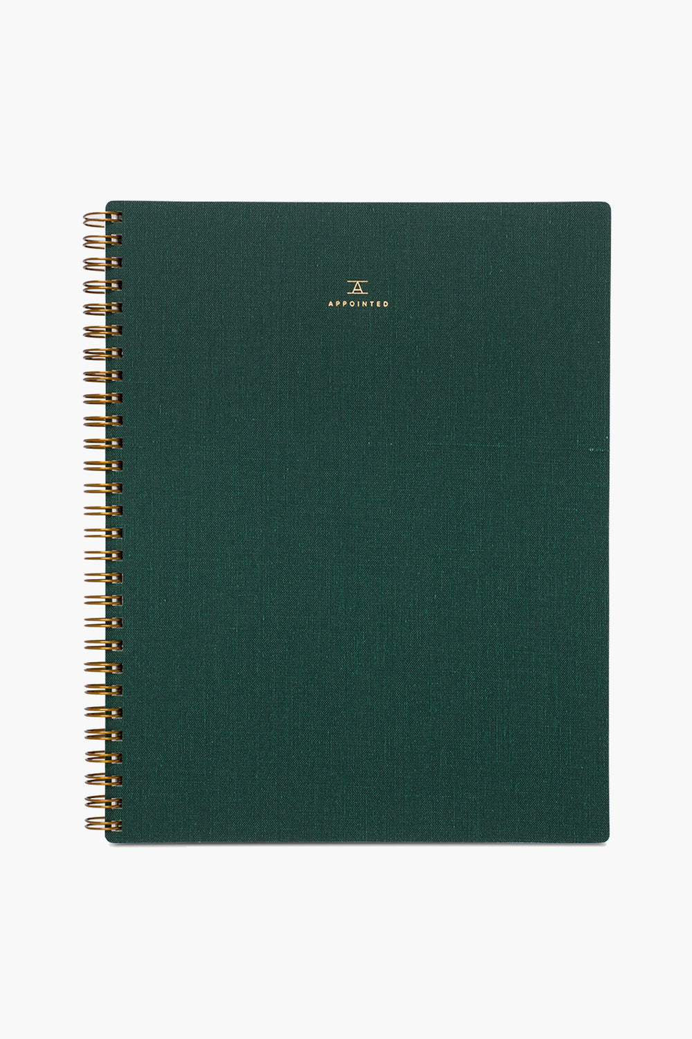 A spiral-bound APPOINTED Hunter Green Lined Notebook with a textured book-cloth cover, gold branding at the top, and made from recycled paper.