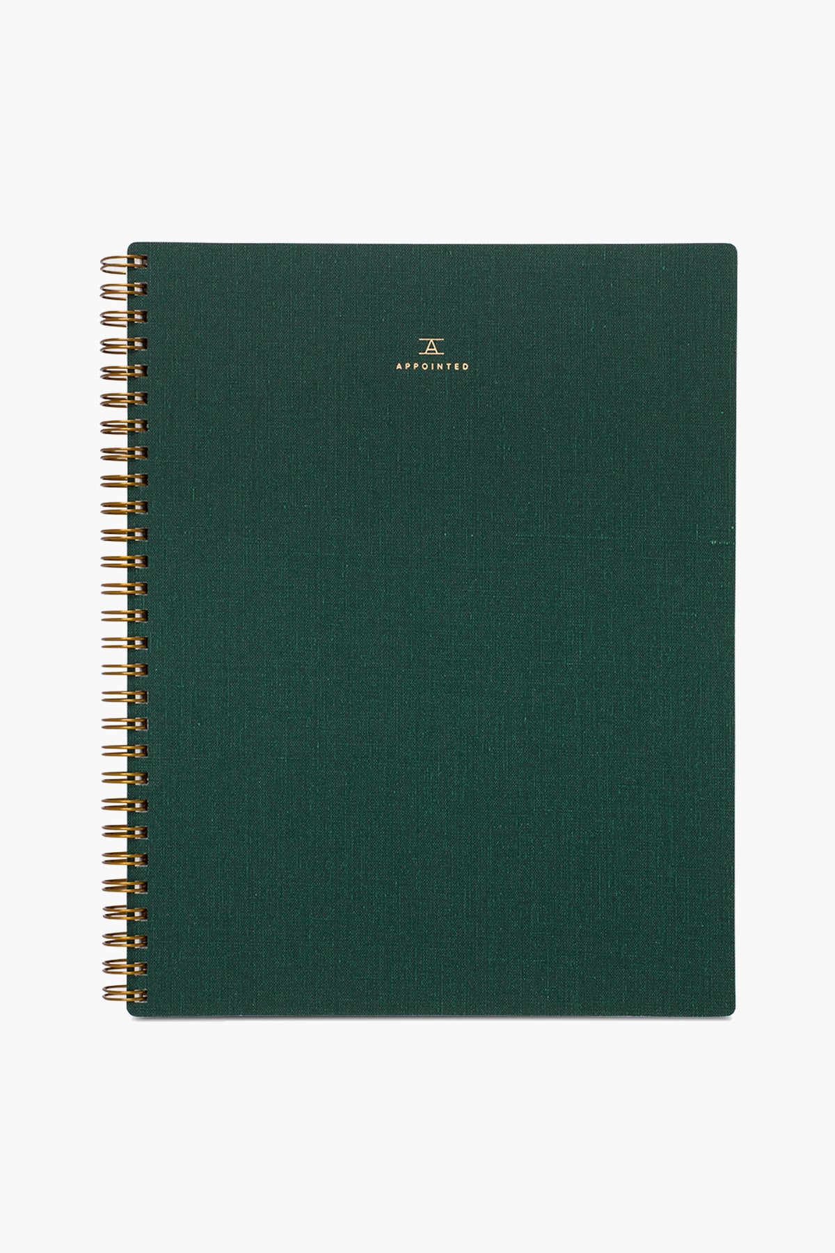 A spiral-bound APPOINTED Hunter Green Lined Notebook with a textured book-cloth cover, gold branding at the top, and made from recycled paper.