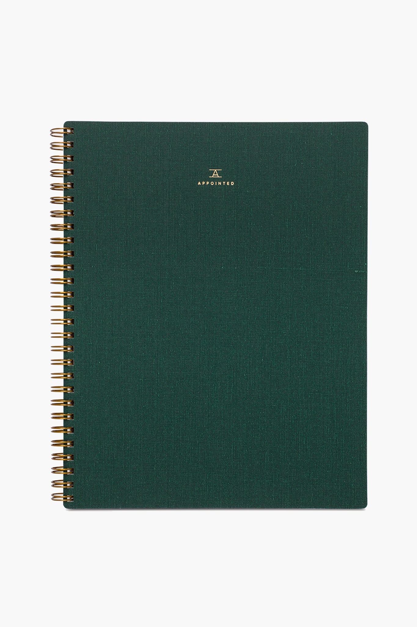 A spiral-bound APPOINTED Hunter Green Lined Notebook with a textured book-cloth cover, gold branding at the top, and made from recycled paper.