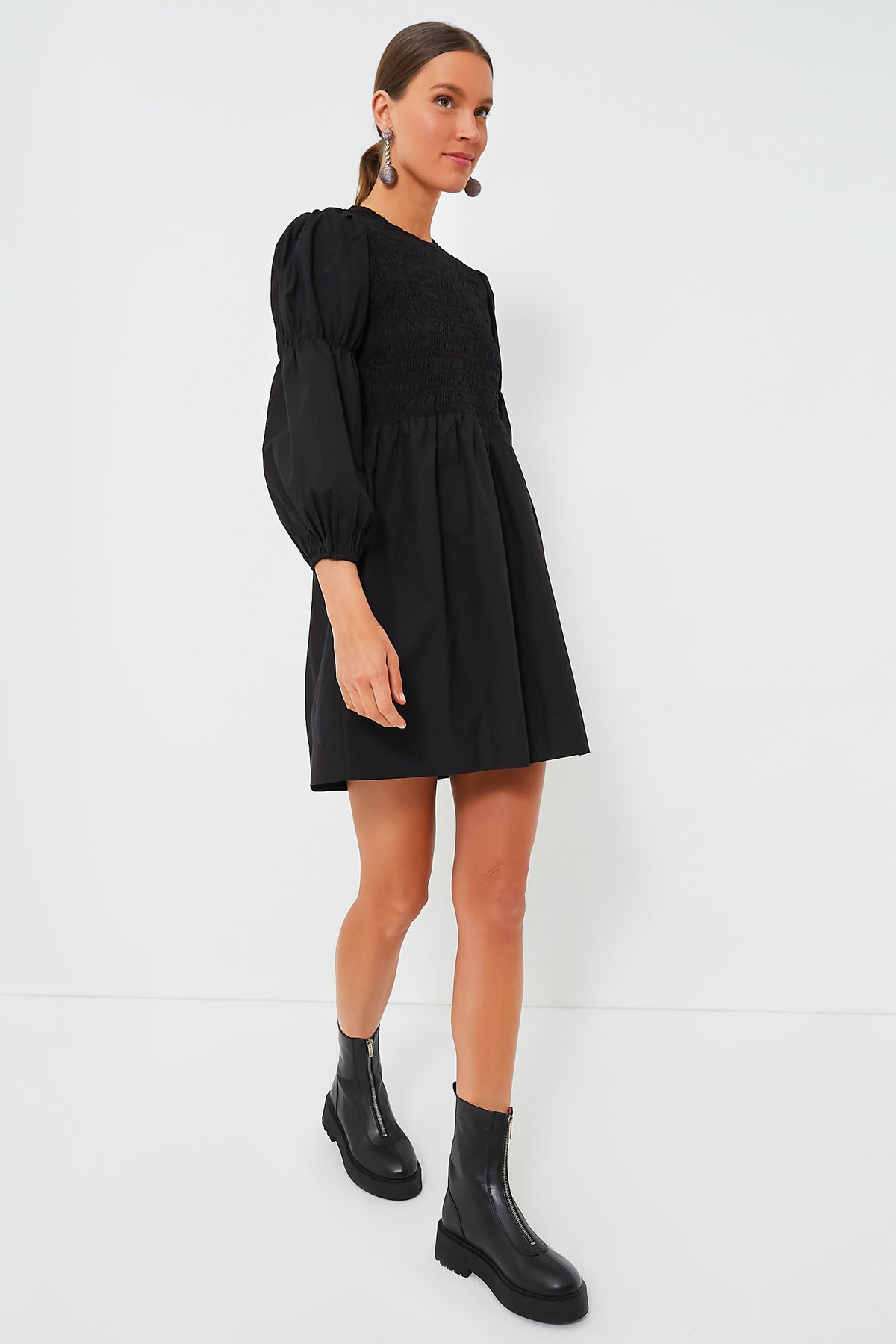Black Cotton Poplin Mini Smock Dress