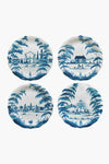 Set of four Juliska ceramic stoneware plates, each with a unique blue scenic design featuring landscapes, trees, and buildings. Decorative plates made in Portugal.