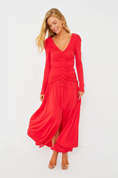Red V Neck Long Sleeve Midi Dress
