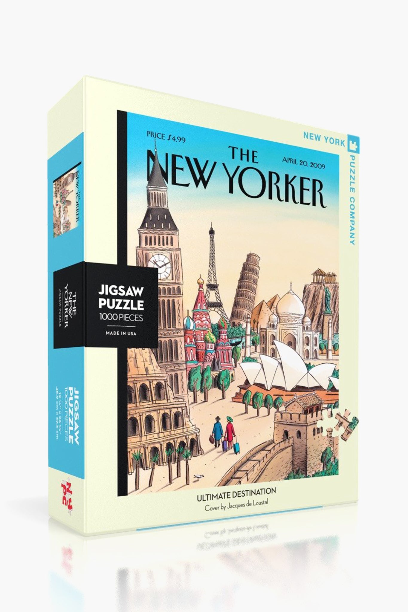 A 1000-piece New York Puzzle Company jigsaw titled “Ultimate Destination,” featuring Jacques de Loustal's illustration of world landmarks and people.