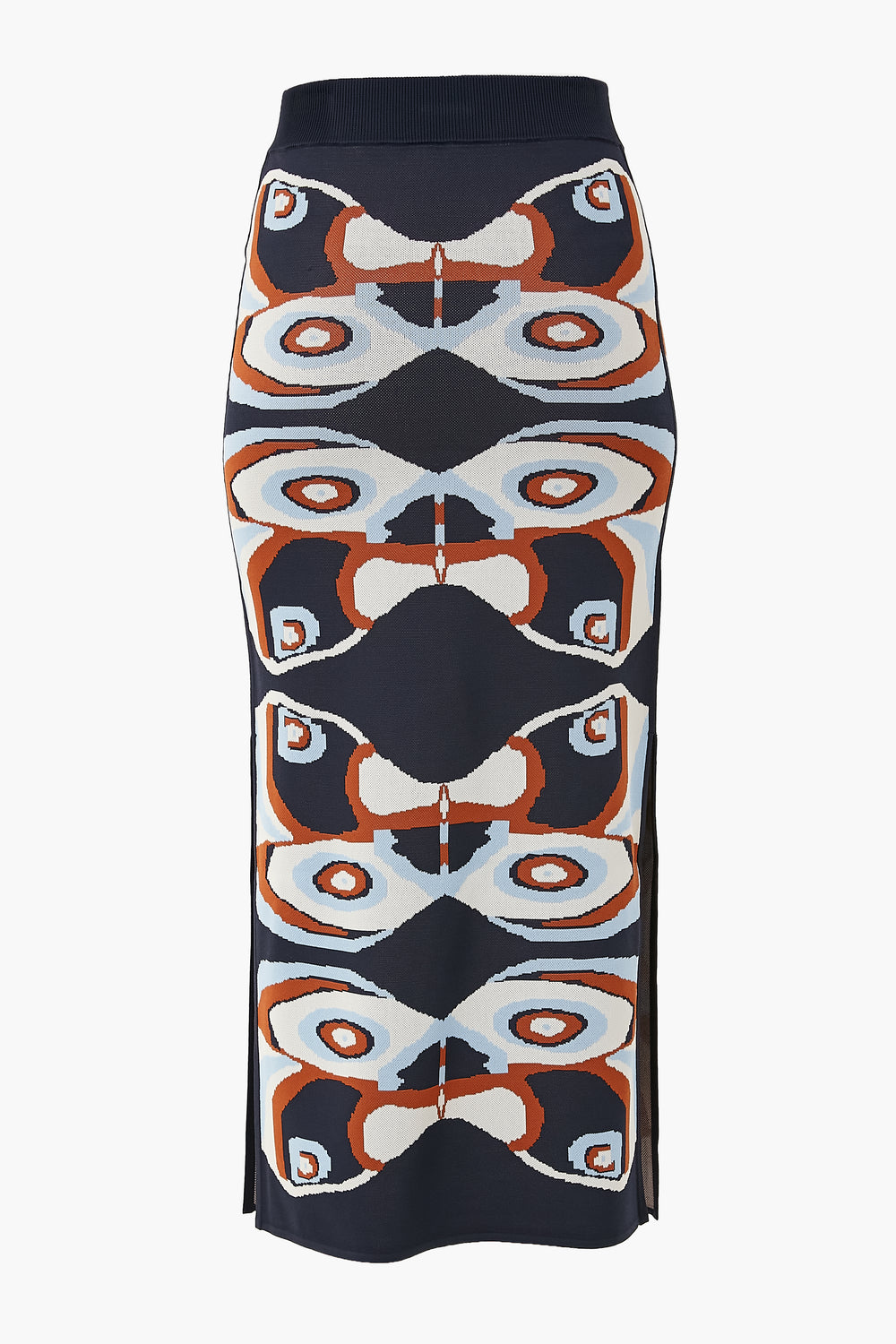 ALEXIS Navy Nylah Skirt: Midi knit skirt with a geometric abstract pattern in navy, rust, white, and light blue, featuring side slits for a modern womenswear look.