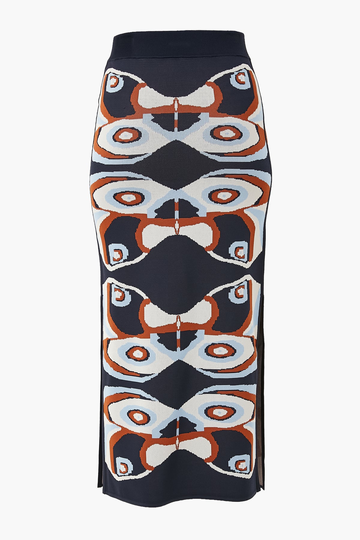 ALEXIS Navy Nylah Skirt: Midi knit skirt with a geometric abstract pattern in navy, rust, white, and light blue, featuring side slits for a modern womenswear look.