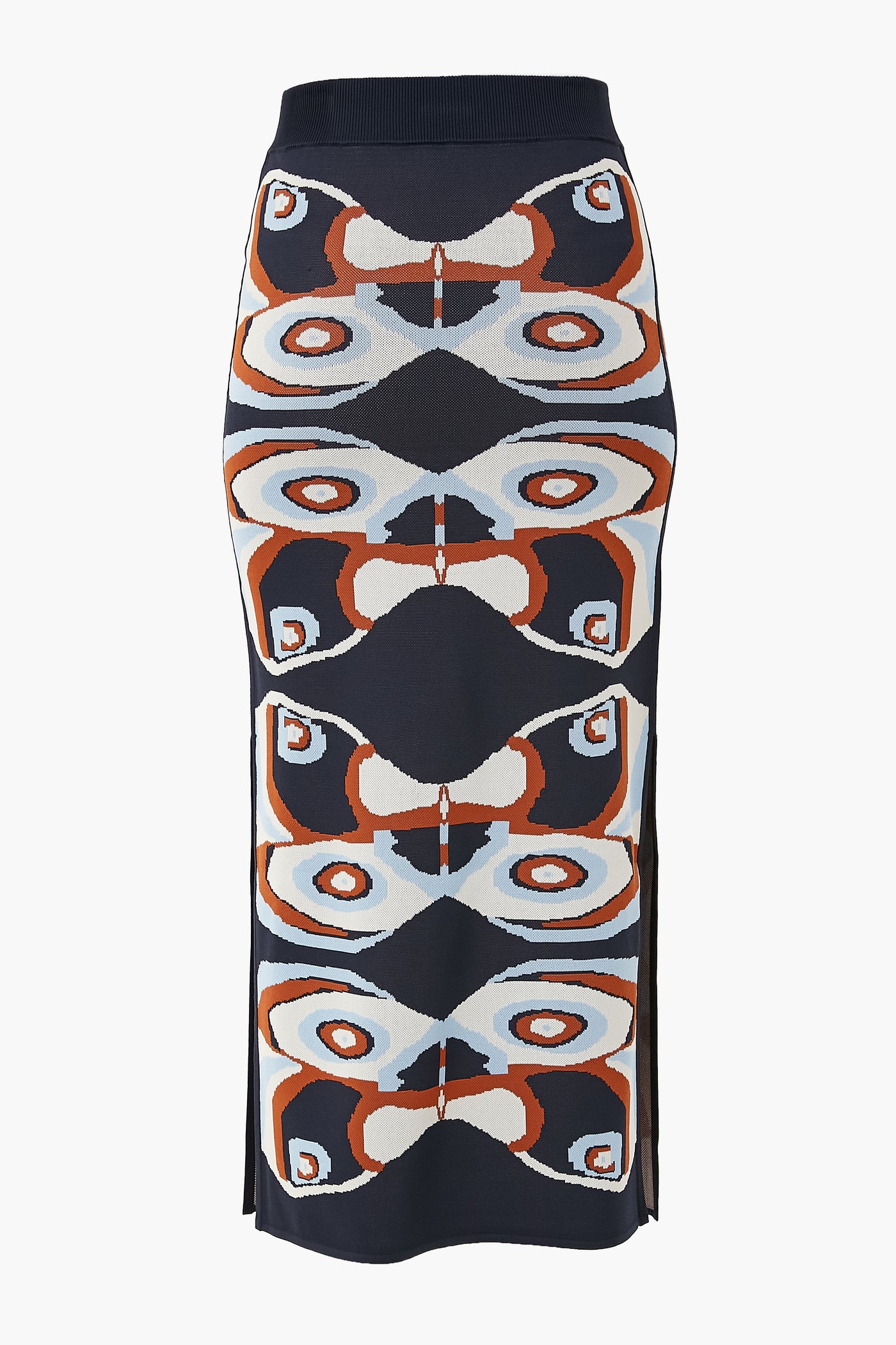 ALEXIS Navy Nylah Skirt: Midi knit skirt with a geometric abstract pattern in navy, rust, white, and light blue, featuring side slits for a modern womenswear look.