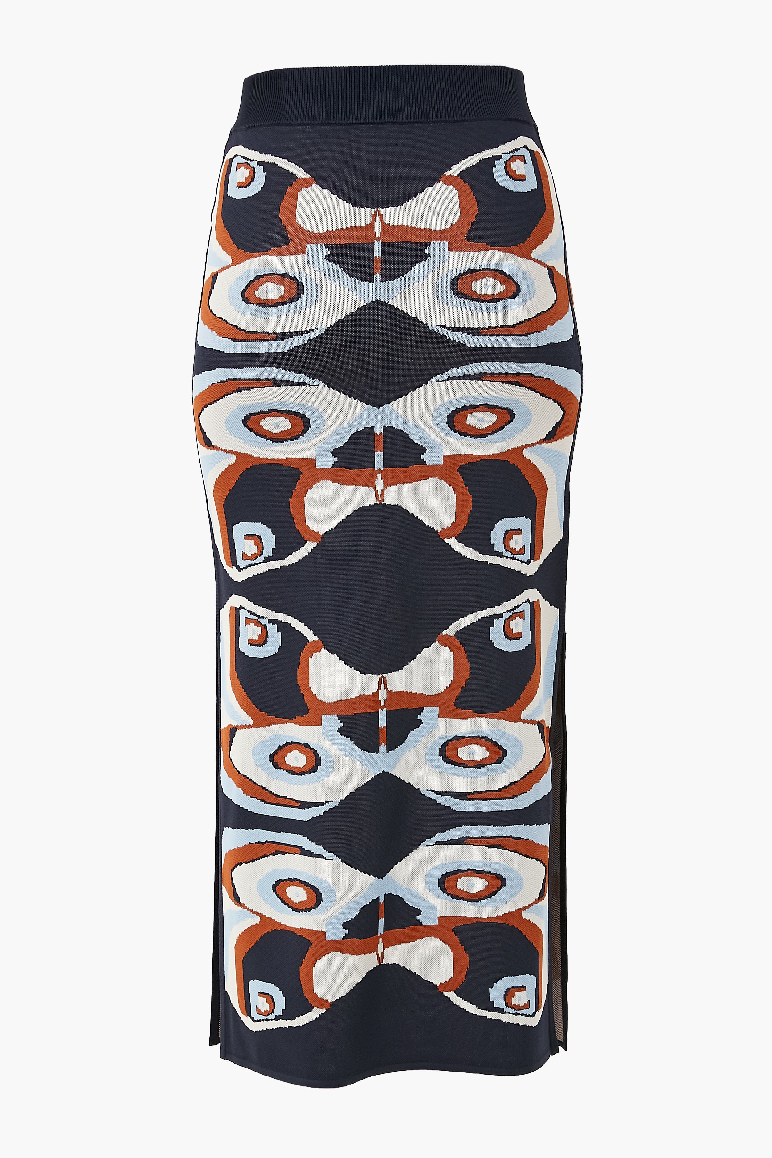 ALEXIS Navy Nylah Skirt: Midi knit skirt with a geometric abstract pattern in navy, rust, white, and light blue, featuring side slits for a modern womenswear look.