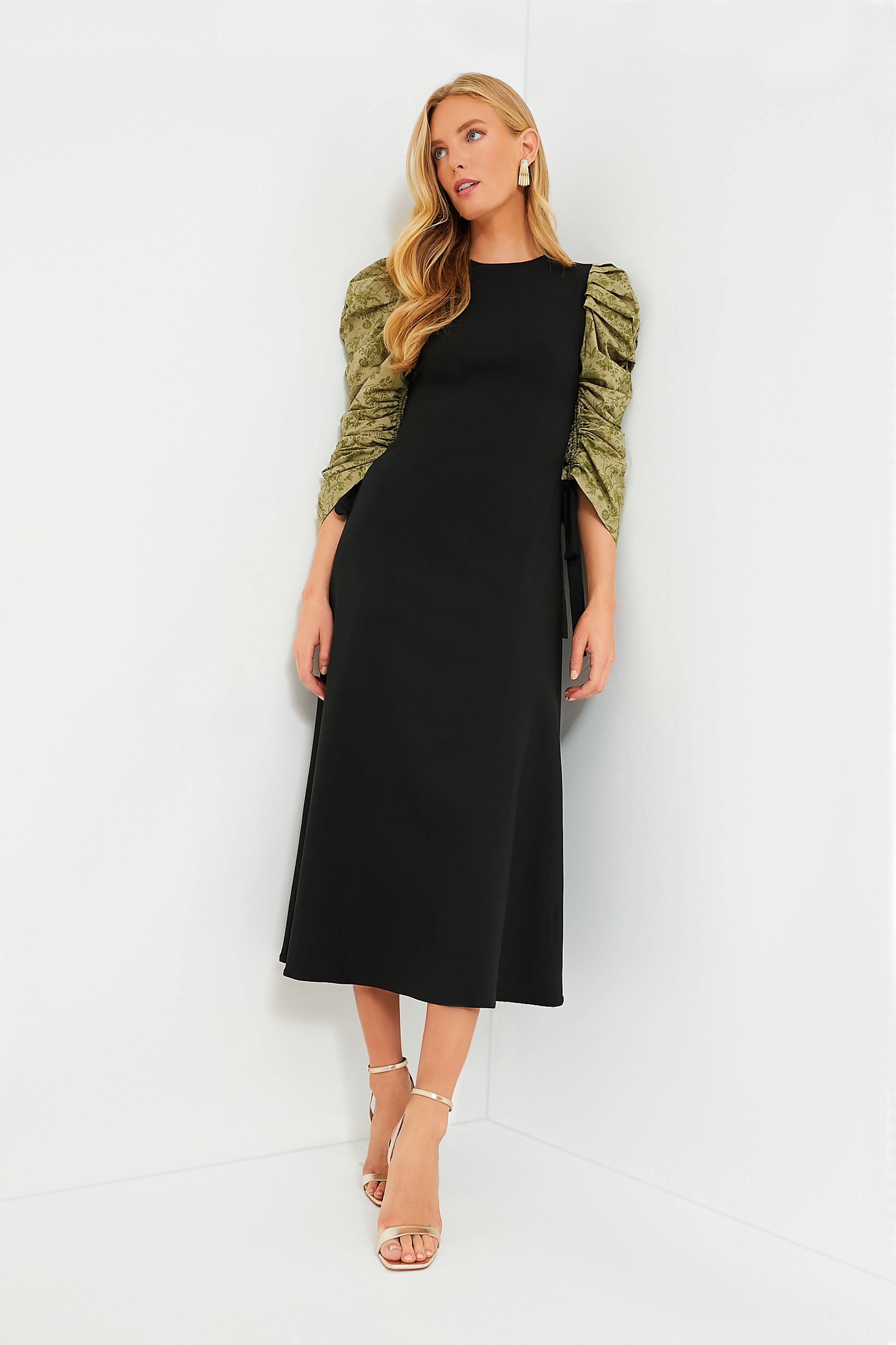 Black Juliet Maxi Dress with Green Printed Sleeves