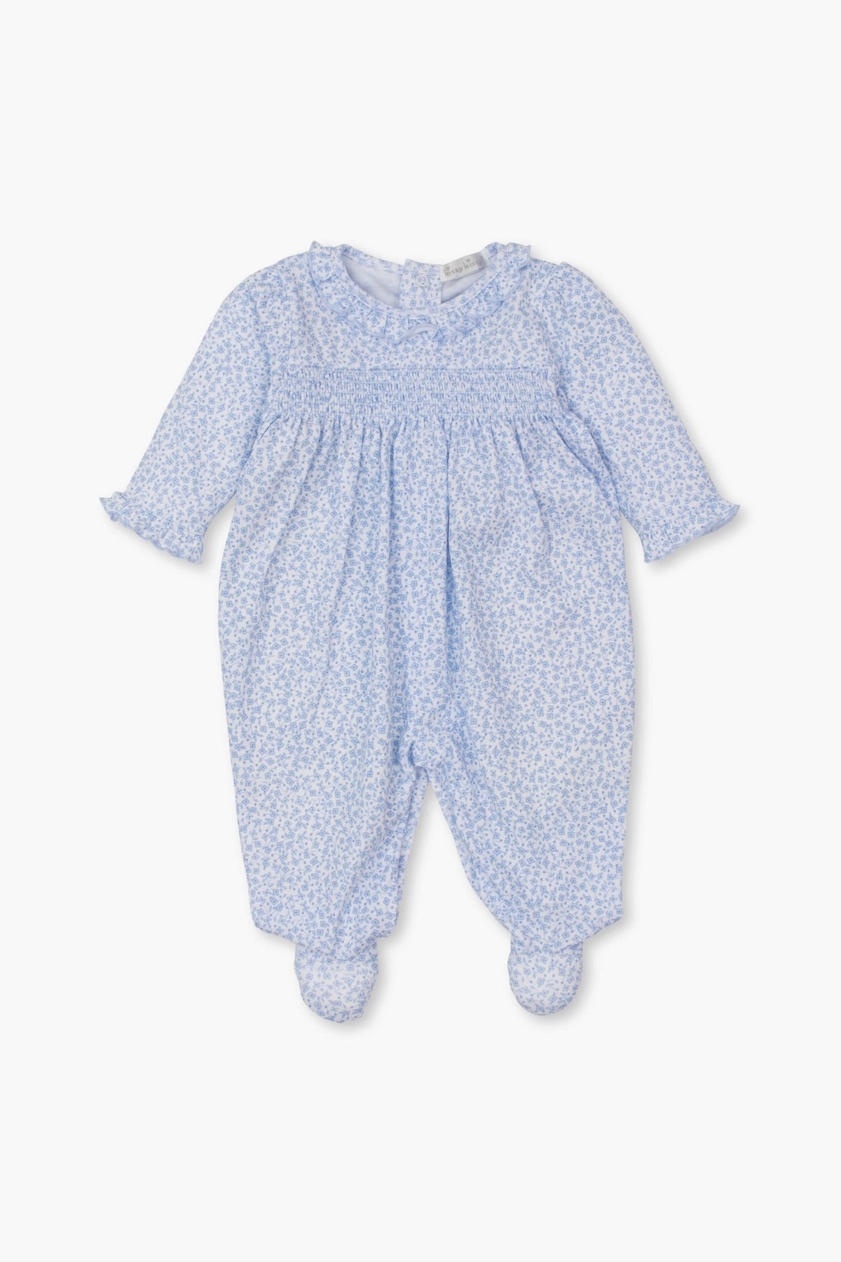 Light blue long-sleeve floral footie onesie by kissy kissy, crafted from soft Pima cotton with a smocked bodice, enclosed feet, and delicate floral pattern.