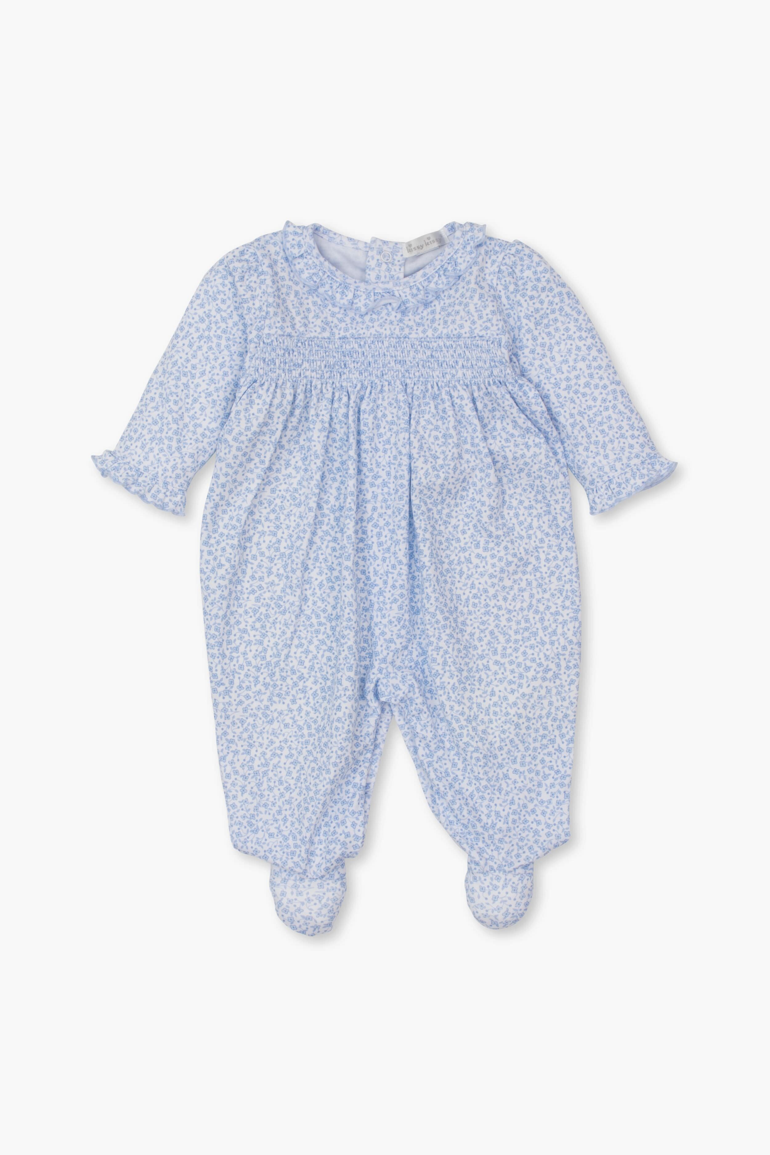 Light blue long-sleeve floral footie onesie by kissy kissy, crafted from soft Pima cotton with a smocked bodice, enclosed feet, and delicate floral pattern.