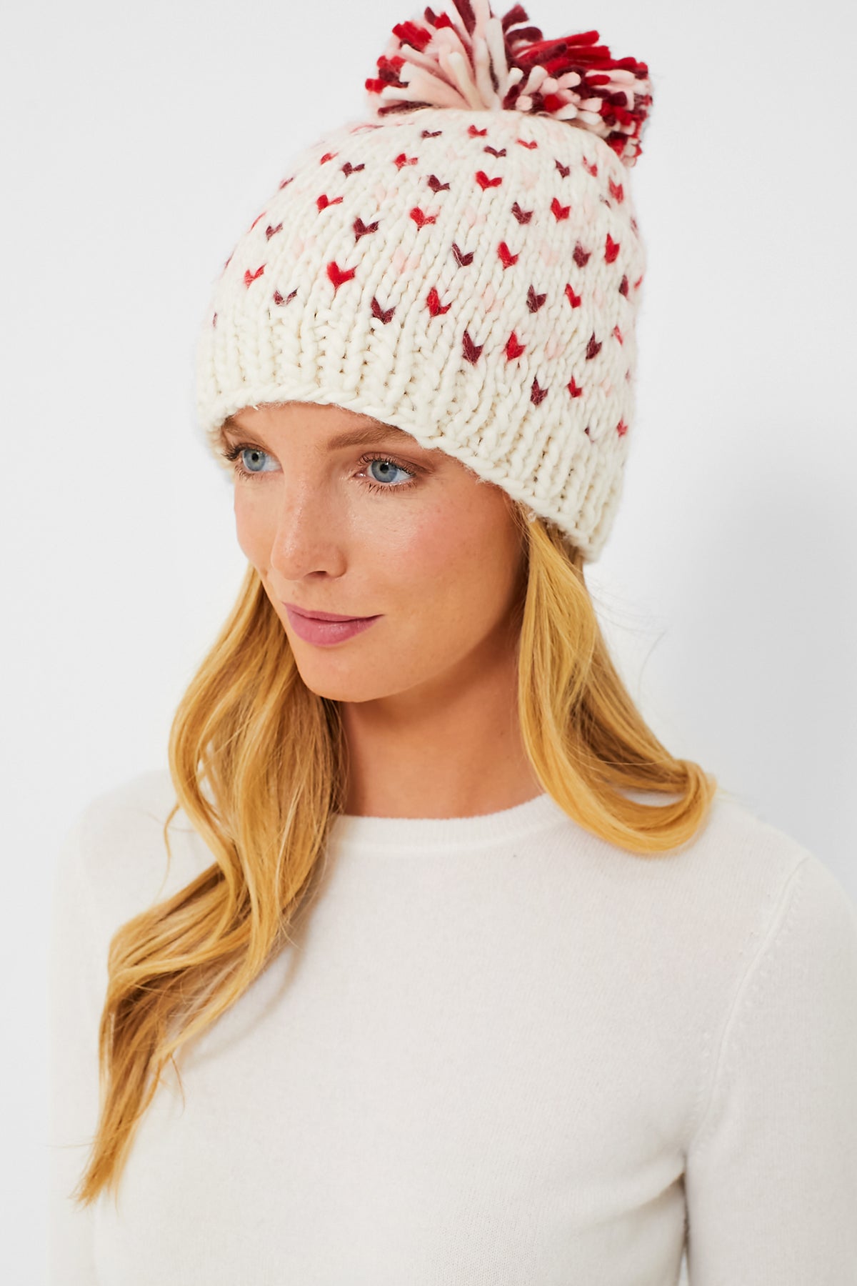 Lollipop Red Hand Knitted Multi Mini Heart Pompom Hat