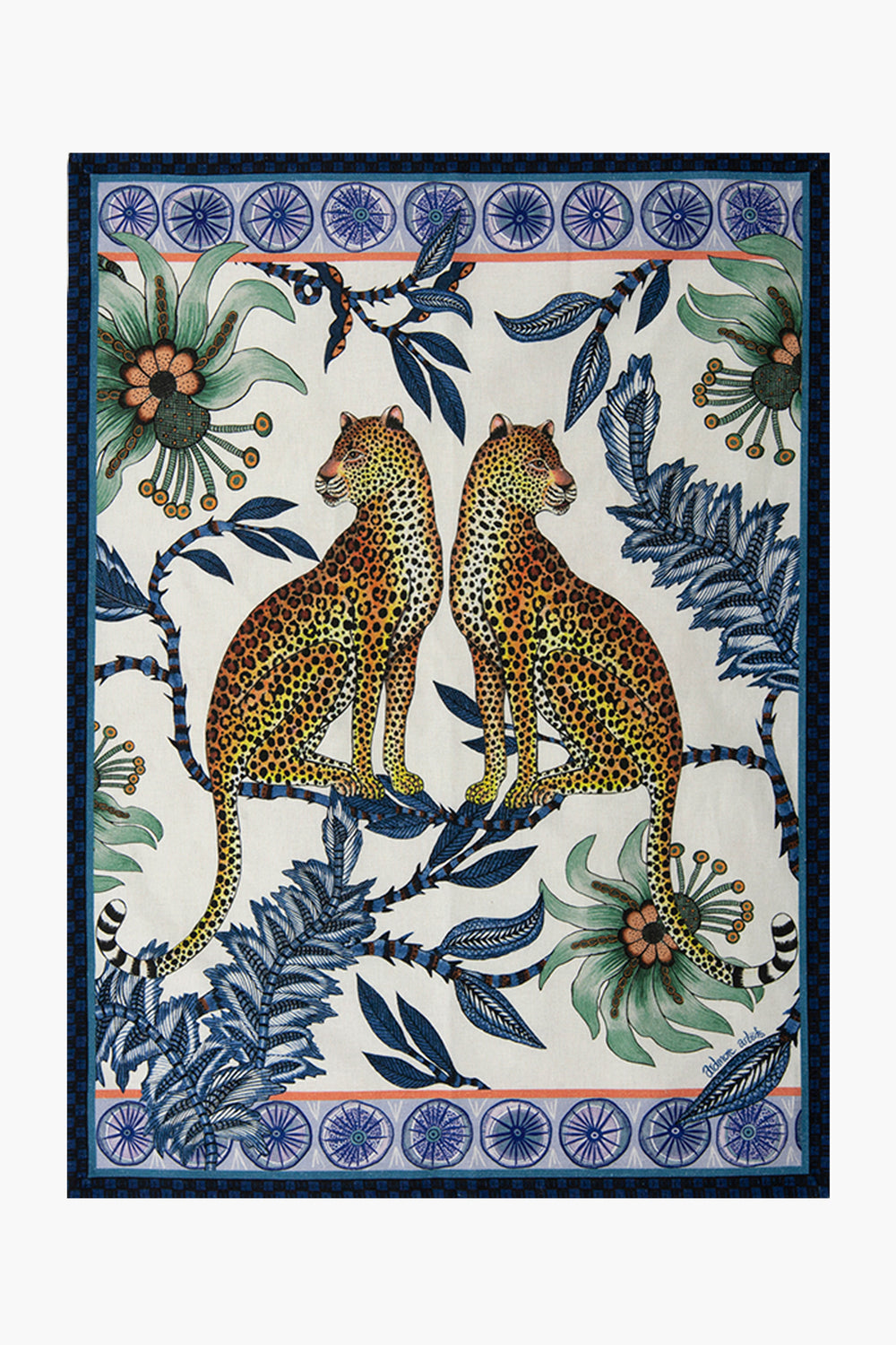 Illustration of two leopards sitting back to back among blue leaves, flowers, and decorative borders. Inspired by Ardmore Design, this pattern is perfect for a leopard tea towel or cotton kitchen accessory.