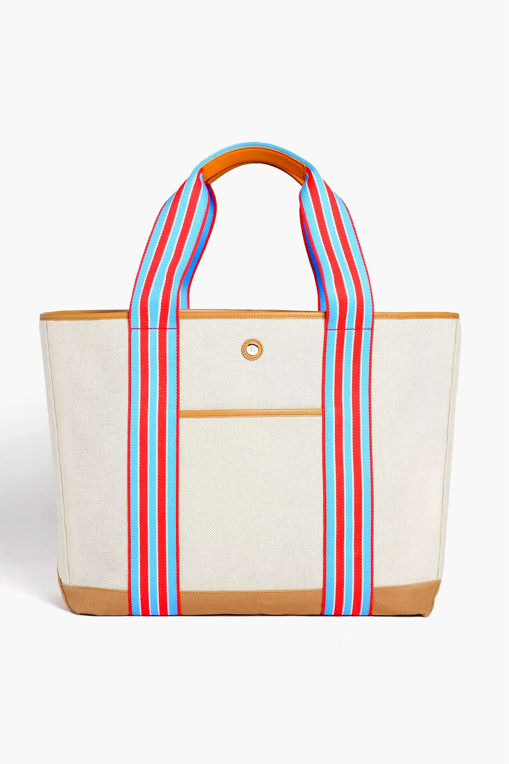 Paravel's beige canvas tote has tan trim, multicolored striped handles (red, blue, white), an exterior pocket, and a button detail. Water-resistant and made from recycled materials, it’s a sustainable choice for travel.