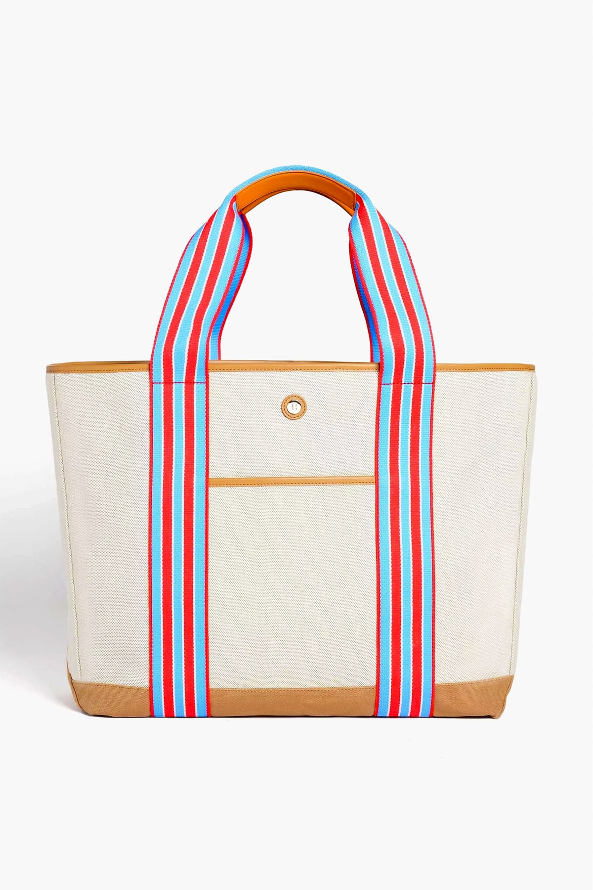 Paravel's beige canvas tote has tan trim, multicolored striped handles (red, blue, white), an exterior pocket, and a button detail. Water-resistant and made from recycled materials, it’s a sustainable choice for travel.